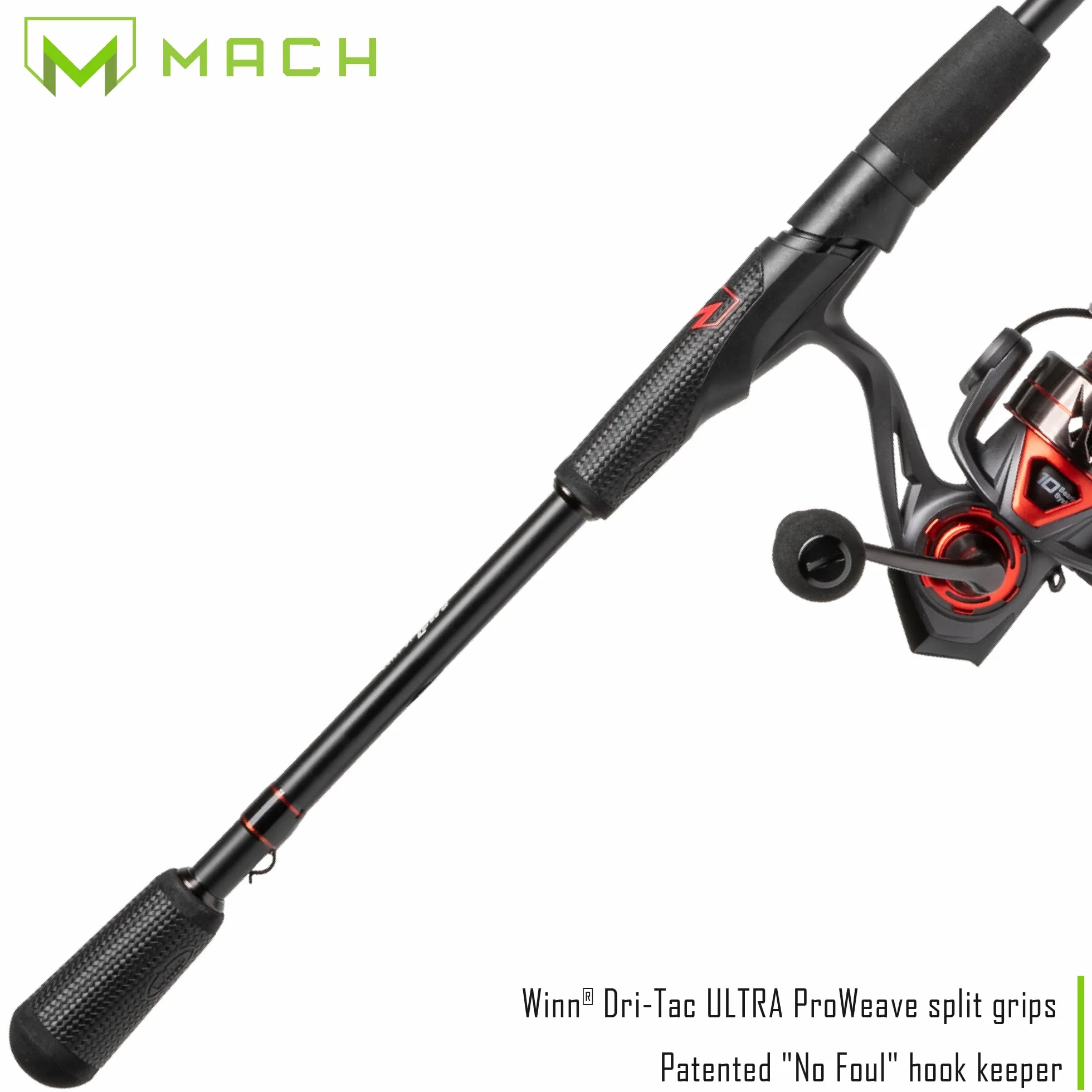 MACH Jacked Spinning Reel and Fishing Rod Combo, HM50 Graphite Rod, Tanso Tech Frame, Black/Red