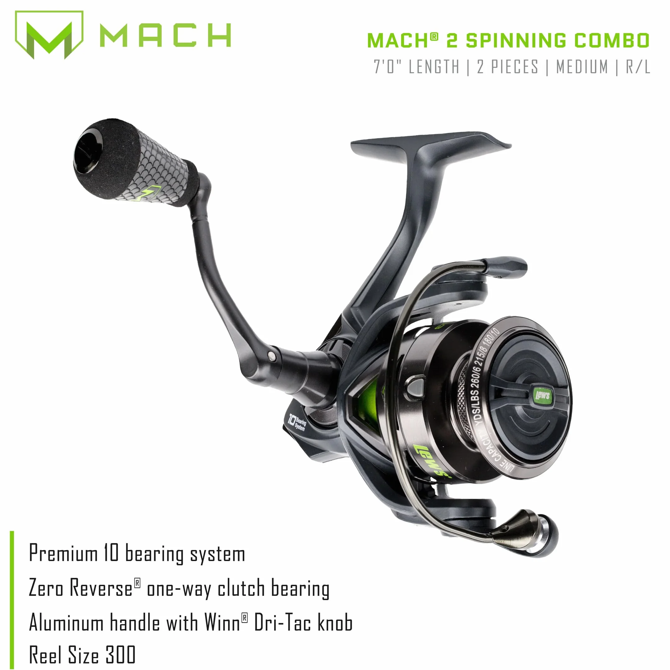 MACH 2 Spinning Reel and Fishing Rod Combo, 7-Foot 2-Piece IM8 Graphite Blank Rod, Size 300 Reel, Right or Left-Hand Retrieve, Black/Green