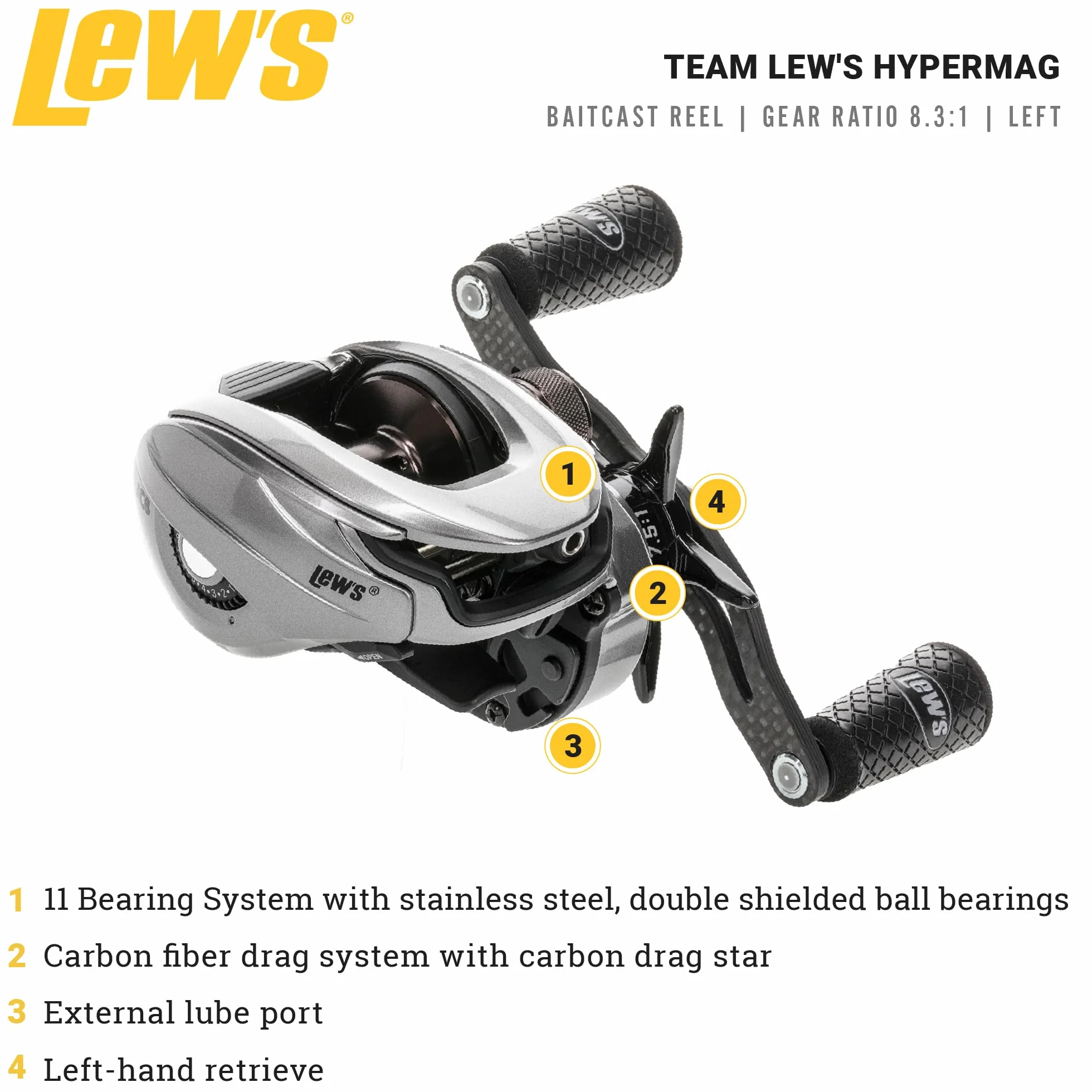HyperMag Baitcast Fishing Reel, 10+1 Double Shielded Bearings, Magnesium Frame, Carbon Fiber Drag, Silver