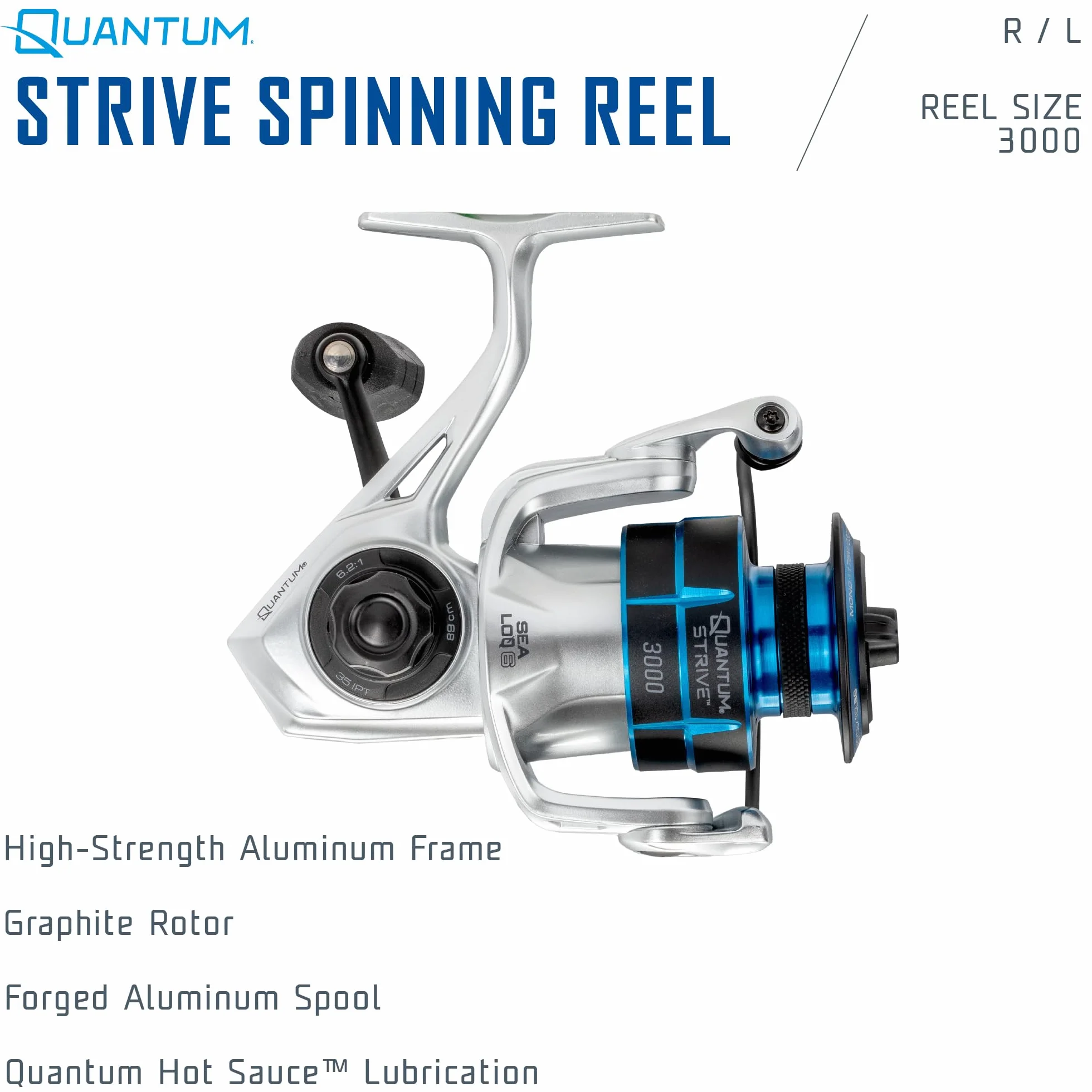 Strive Spinning Fishing Reel, Rigid Aluminum Frame, Graphite Rotor, Sealed Design, CFX200 Carbon Fiber Xtreme Drag, Silver/Blue