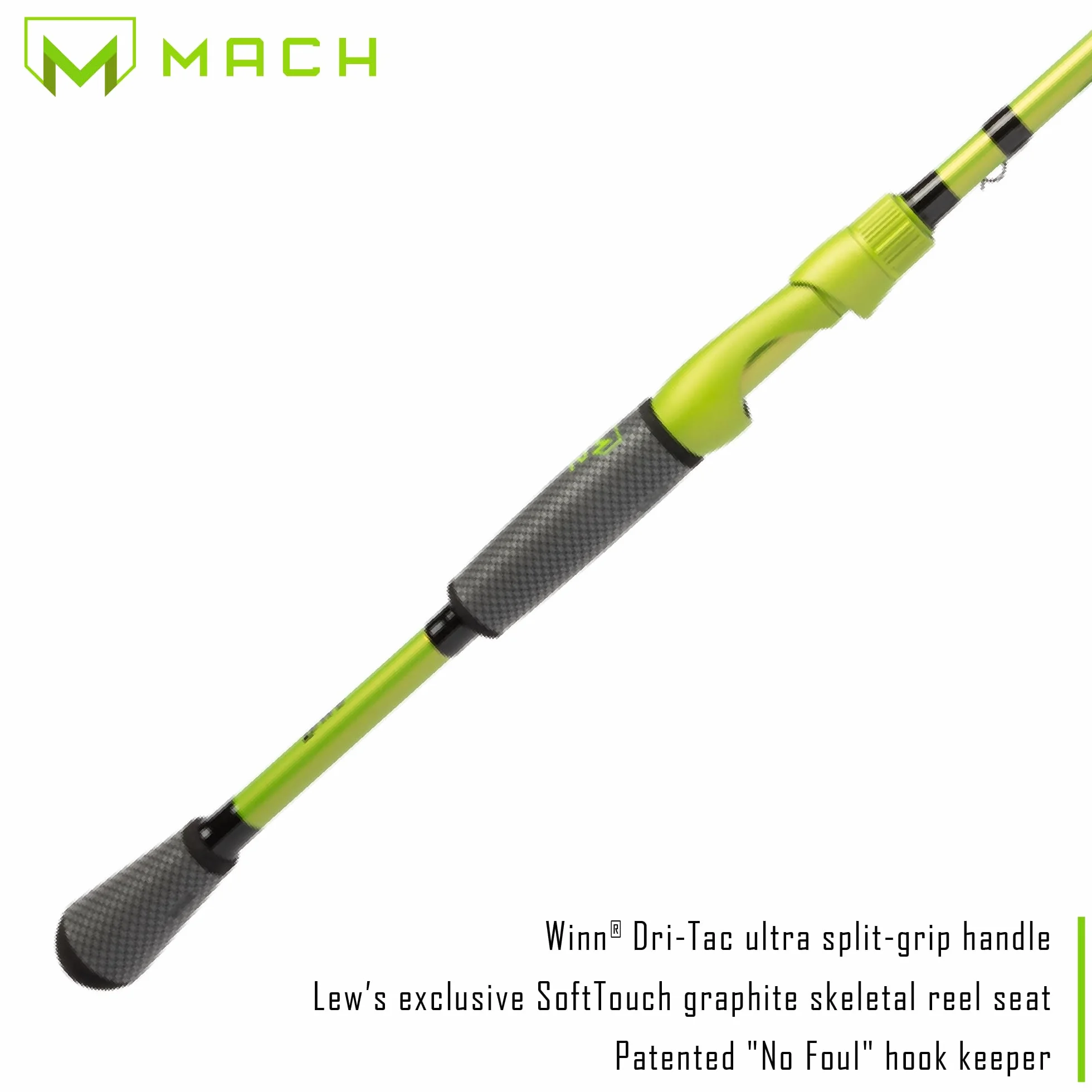 MACH 2 Spinning Fishing Rod, IM8 Graphite Rod, Stainless Steel Guides, Winn Dri-Tac Ultra Split Grip Handle, SoftTouch Graphite Skeletal Reel Seat, Green/Black