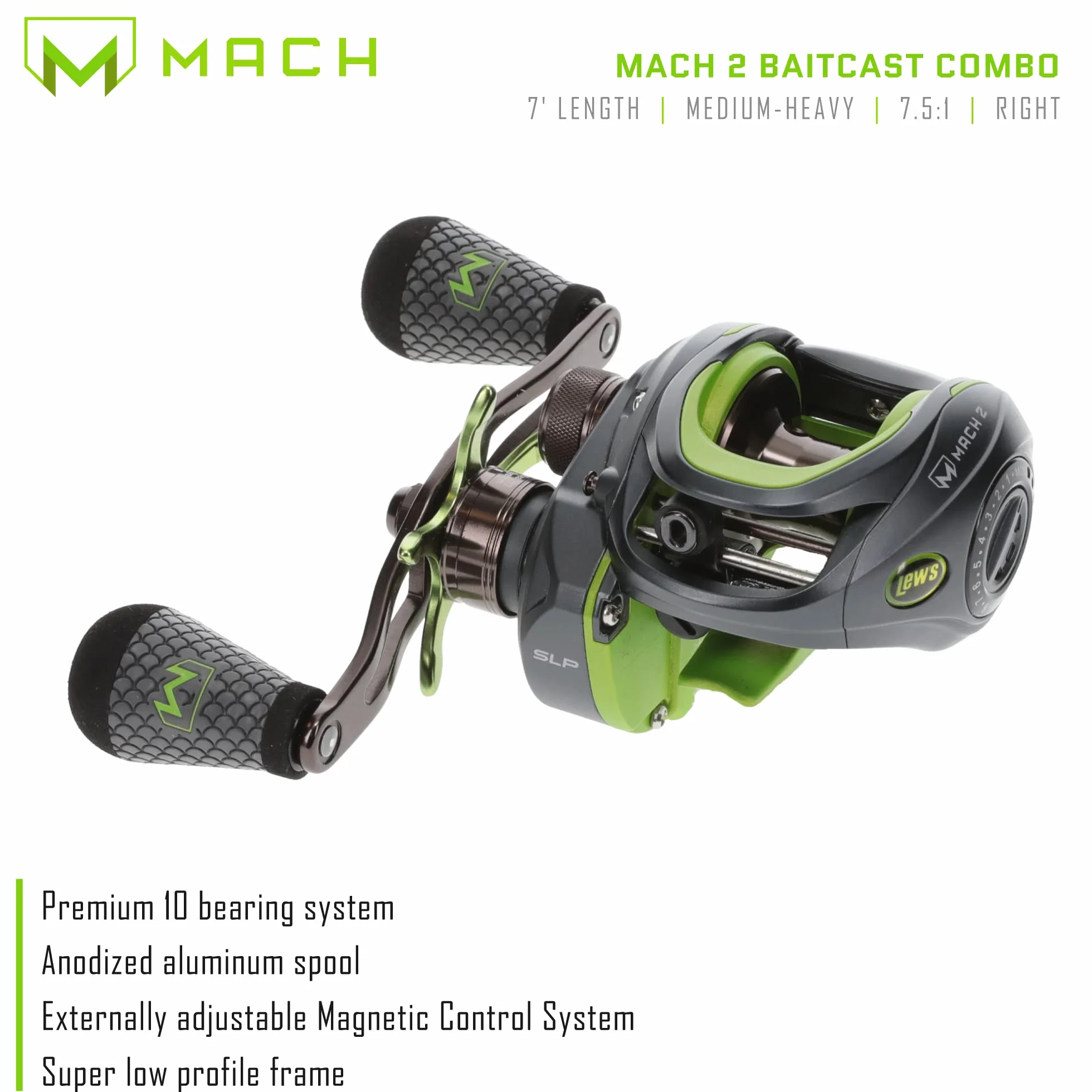 MACH 2 Baitcast Reel and Fishing Rod Combo, Graphite Blank Fishing Rod, Dri-Tac Ultra Handle, Black/Green