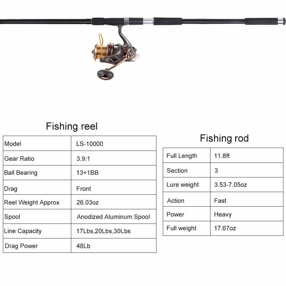 Surf Fishing Rod and Reel Combos Saltwater Fishing Gear Set 12ft Surf Rod 10000 Reel Offshore Inshore Casting Pole Beach Casting Spinning Pole Kit Equipment Set Striper Pompano Flounder