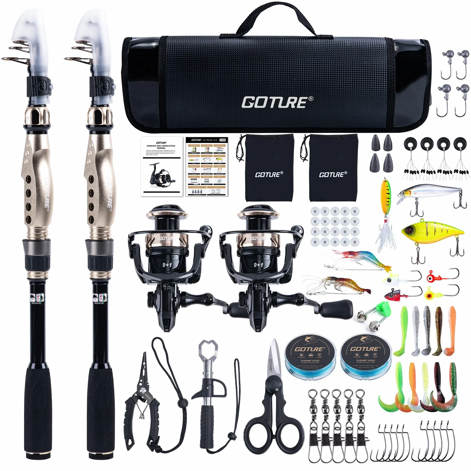 Telescopic Fishing Rod and Reel Combos, Carbon Fiber Travel Fishing Pole, 9+1 BB Spinning Reel, Saltwater Freshwater Fishing Gear Kit with Braided Line, Lures, Carrier Bag for Bass Trout