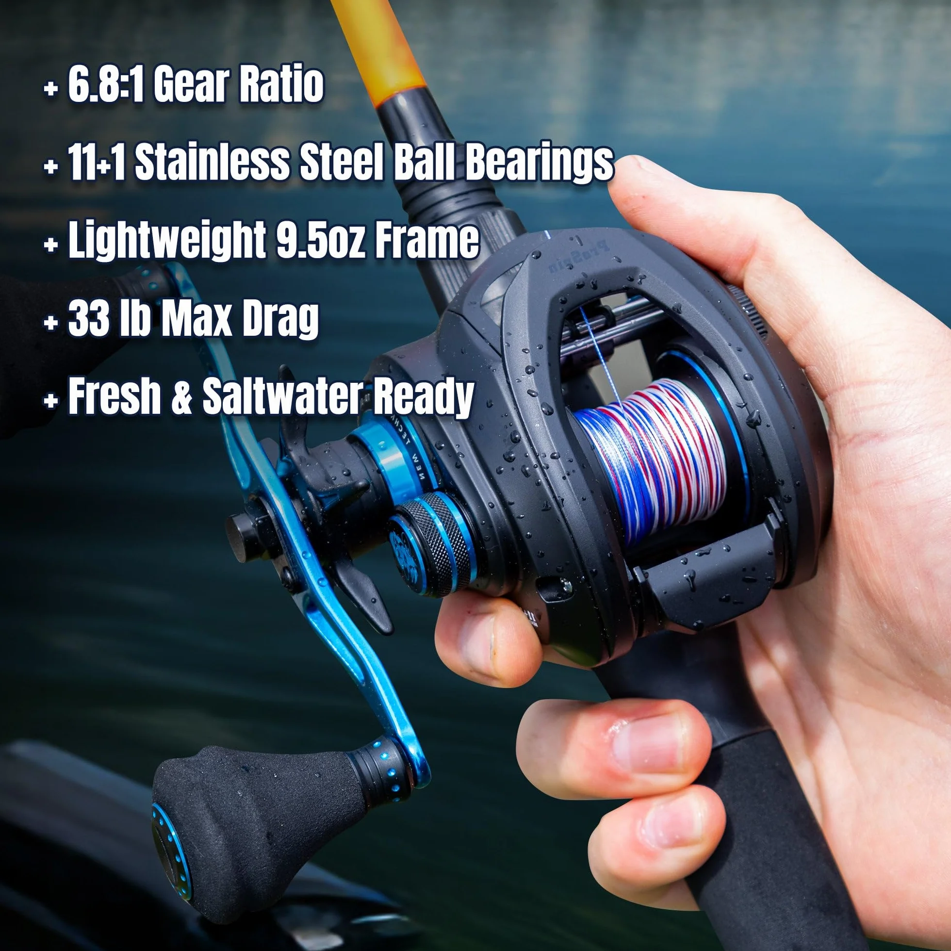 ProSpin Baitcasting Reel, 6.8:1 Baitcaster with 11+1 Bearings, Aluminum Frame, Dual Brake System and Smooth Drag for Freshwater and Saltwater