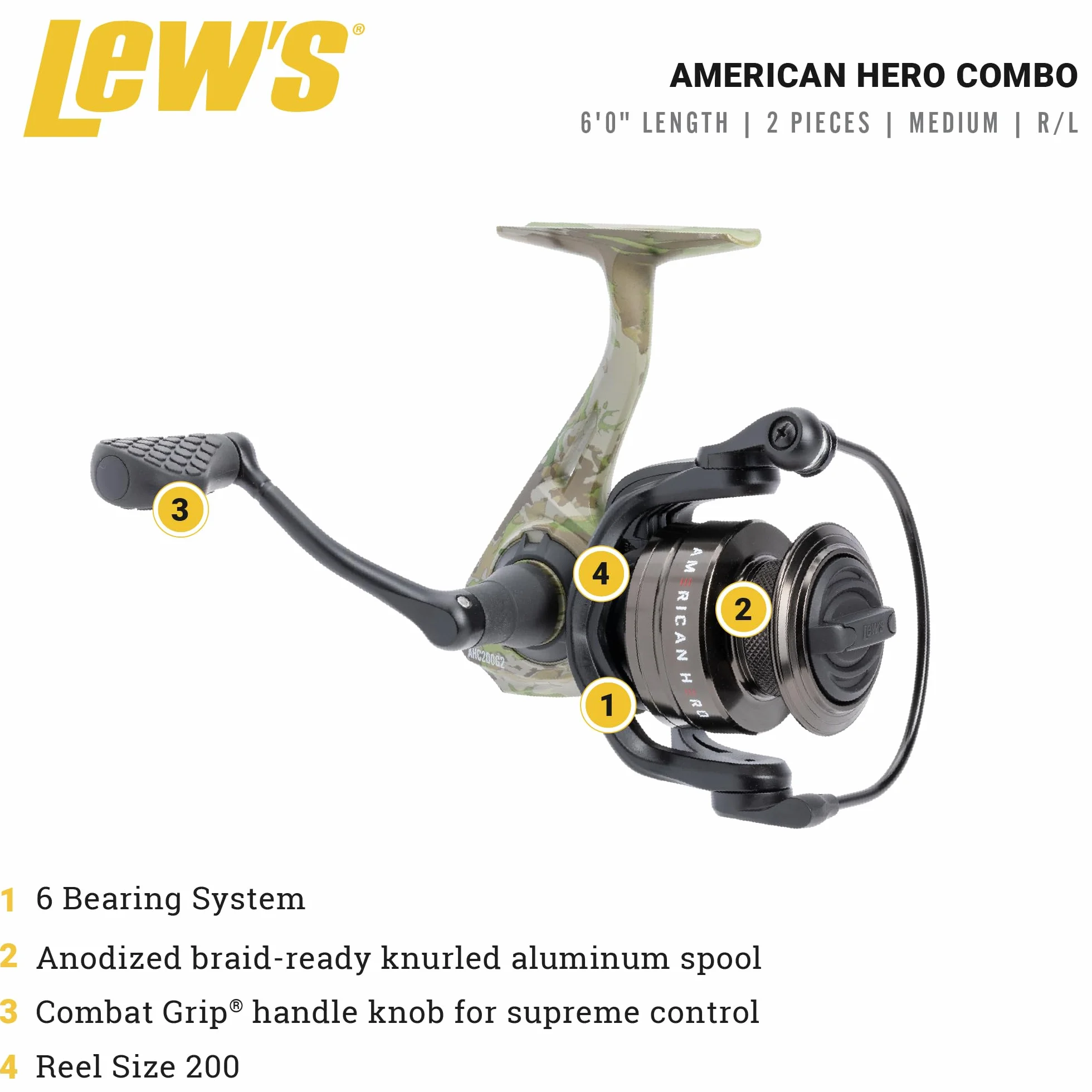 American Hero Camo Spinning Reel and Fishing Rod Combo, IM7 Graphite Rod, Interchangeable Retrieve, Camo/Black