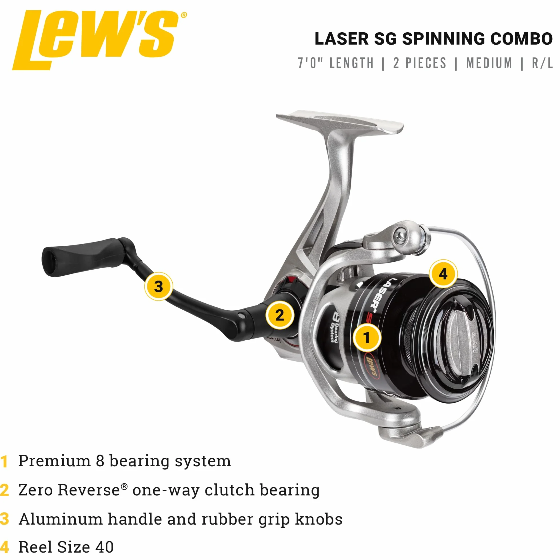 Laser LSG Speed Spinning Reel and Fishing Rod Combo, IM6 Graphite Blank Rod, 7+1 Reel Bearings, Right or Left-Hand Retrieve