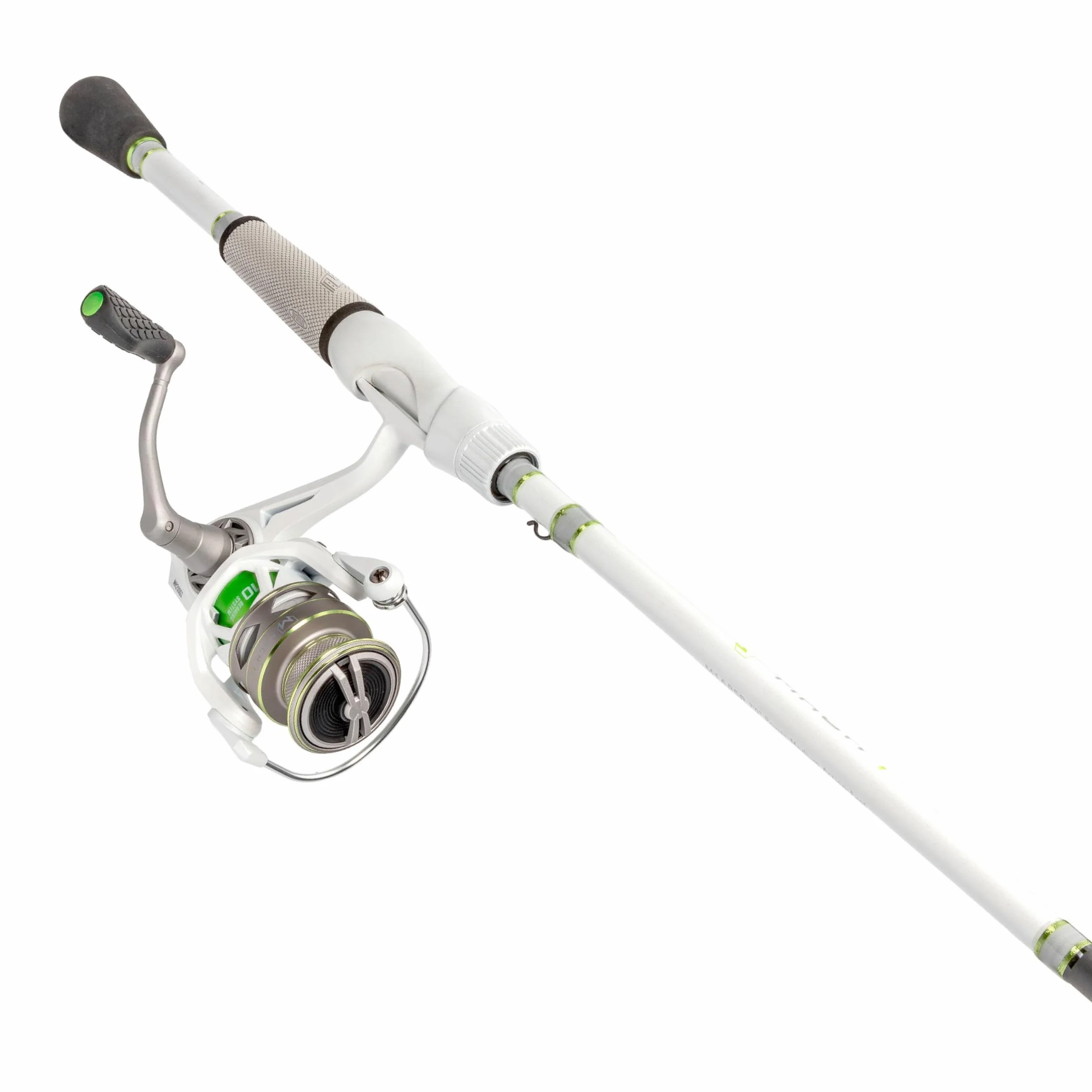 MACH 1 Spinning Fishing Reel, 9+1 Bearings, Graphite Frame, Speed Gears, Speed Lube, Multi-Disc Drag, Metallic White/Gray/Green