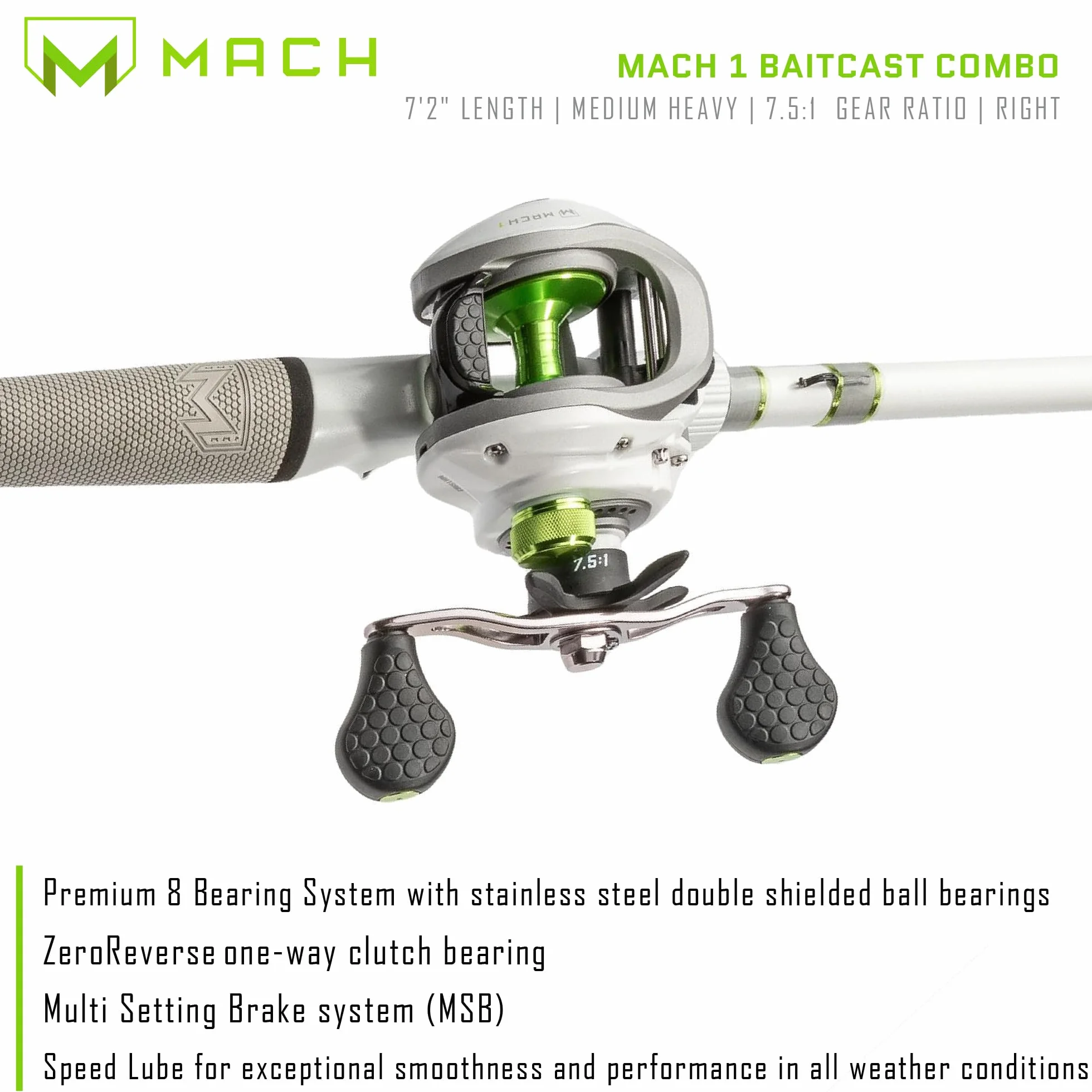 MACH 2 Spinning Reel and Fishing Rod Combo, IM8 Graphite Blank Fishing Rod, Right or Left-Hand Retrieve, Winn Dri-Tac Ultra Handle, Black/Green