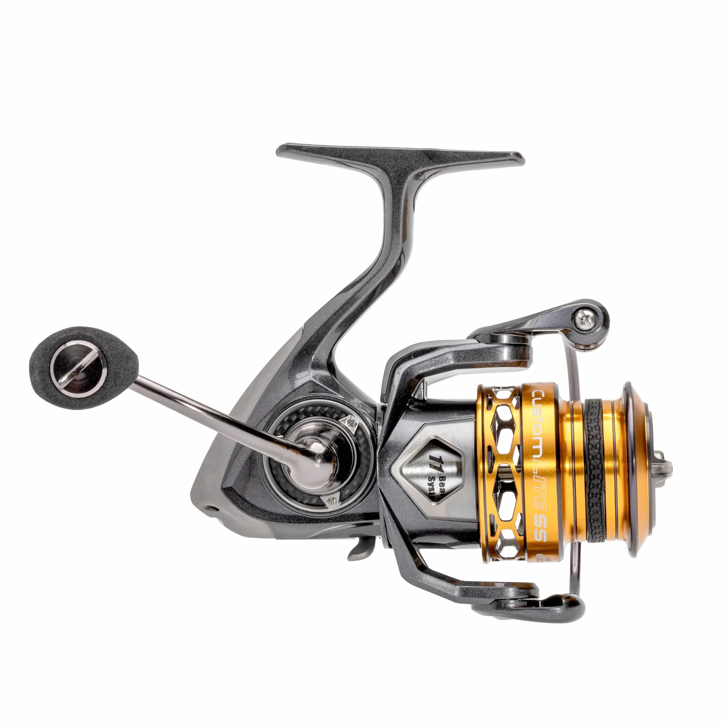 Custom Lite 200 SS Spinning Fishing Reel, Size 200 Reel, 10+1 Bearings, 6.2:1 Gear Ratio, Tanso Tech Frame, Shallow Spool, Aluminum Speed Gears, Hybrid Carbon Drag, Reversible Retrieve, Gray