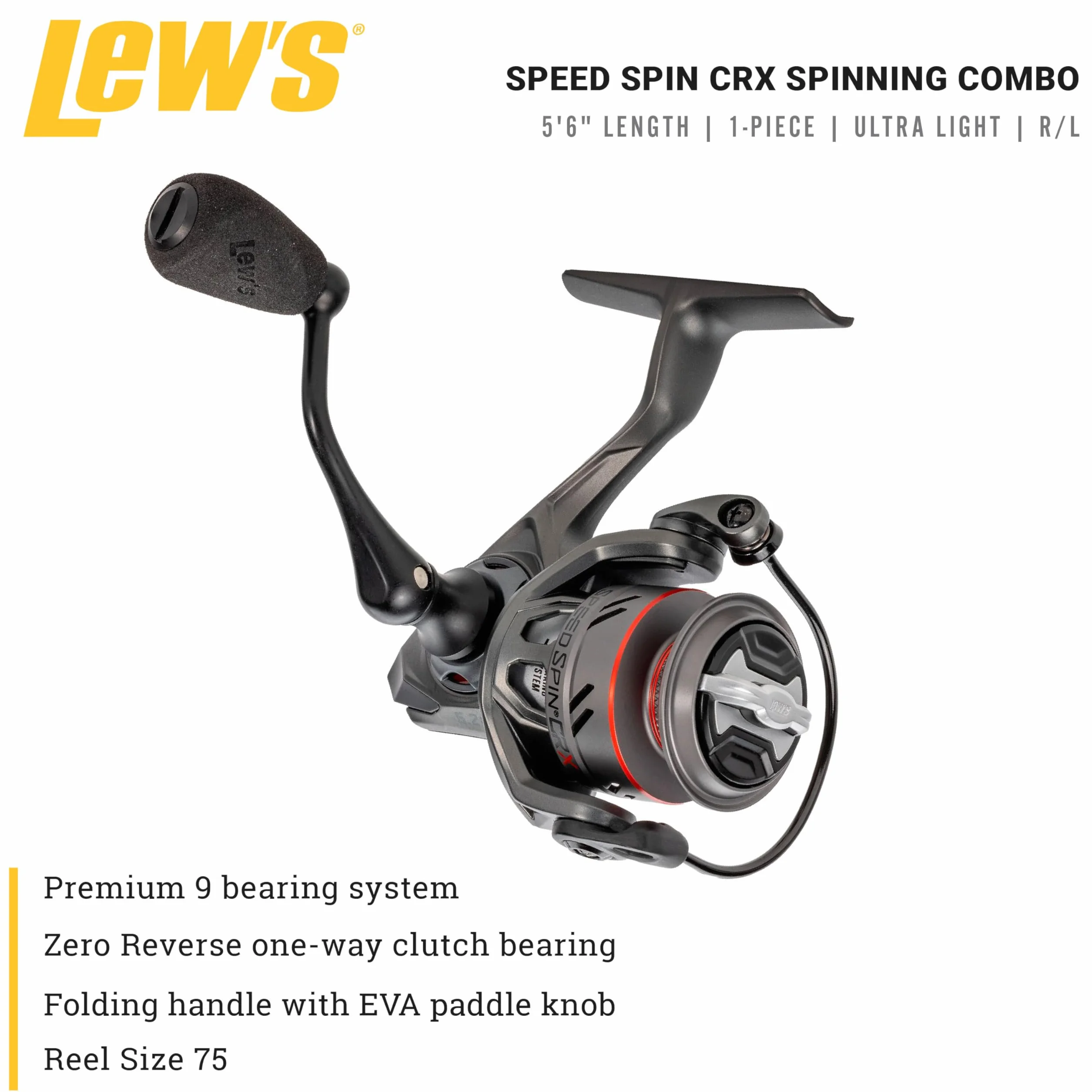 Speed Spin CRX Spinning Reel and Fishing Rod Combo, 5-Foot 6-Inch 1-Piece Rod, Ultra-Light Power, Fast Action, Size 75 Reel, 9+1 Bearings, 5.2:1 Gear Ratio, Speed Gears, Gray/Black/Red
