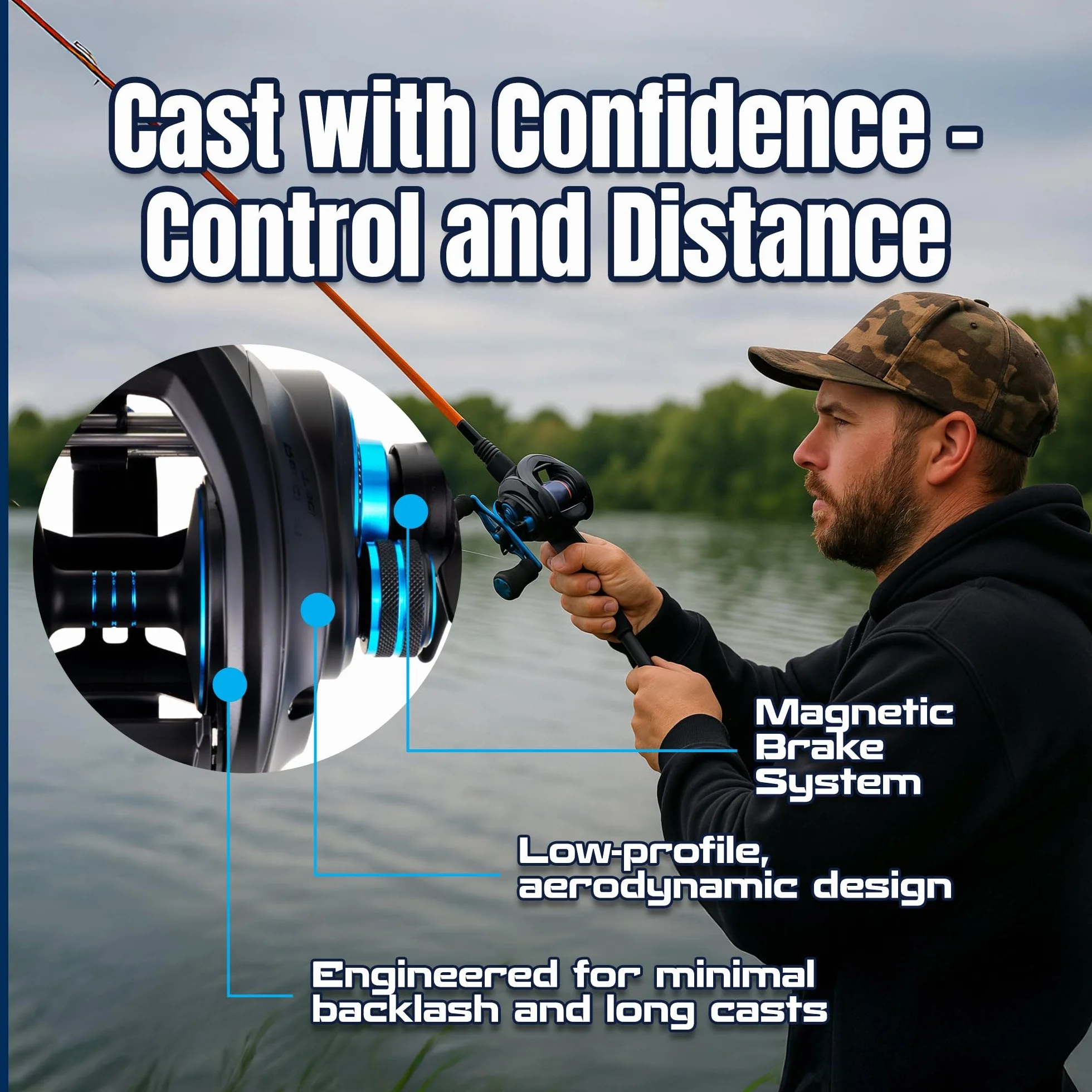 ProSpin Baitcasting Reel, 6.8:1 Baitcaster with 11+1 Bearings, Aluminum Frame, Dual Brake System and Smooth Drag for Freshwater and Saltwater