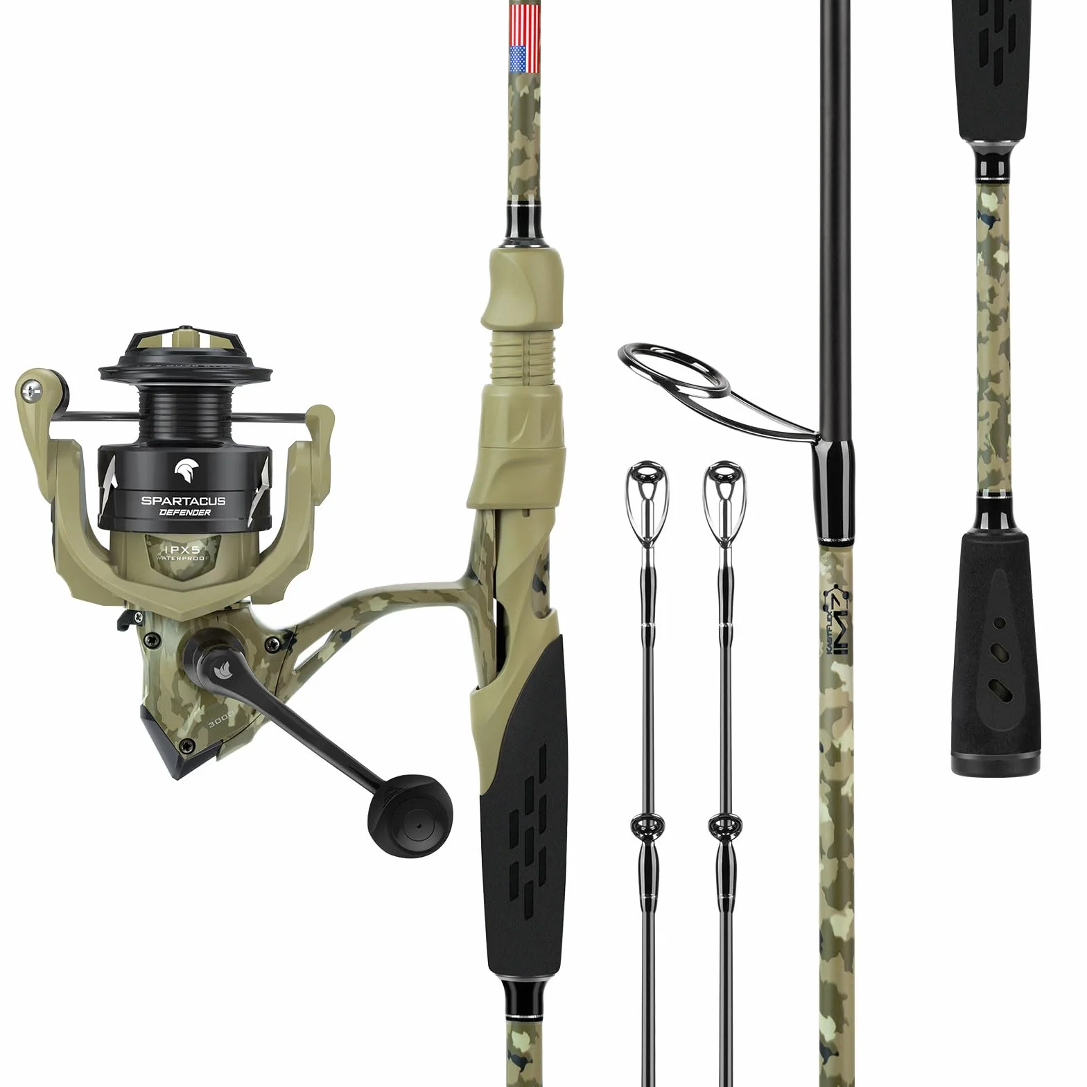 Spartacus Defender Twin-Tip Fishing Rod and Reel Combo | Baitcaster & Spinning Combo, 2-Piece Rod, Extra Tip, IM7 Graphite Blanks, Camouflage Finish, Freshwater Fishing