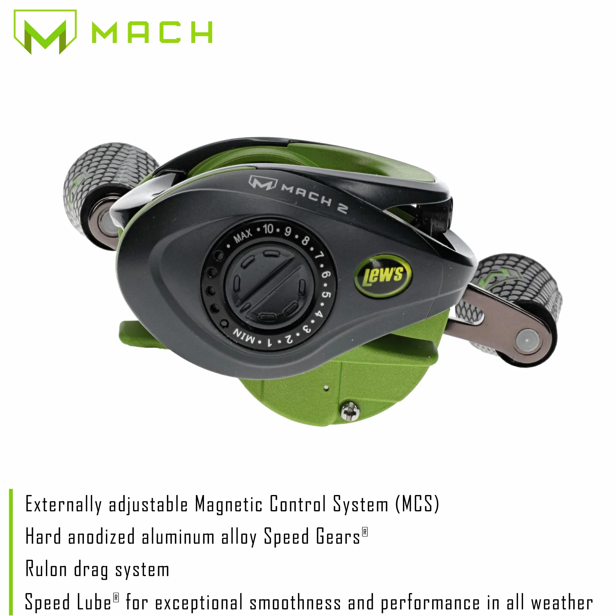 Mach 2 Baitcast Reel, 9+1 Stainless Steel Ball Bearings, 7.5:1 Gear Ratio, Left-Hand Retrieve, Black/Green