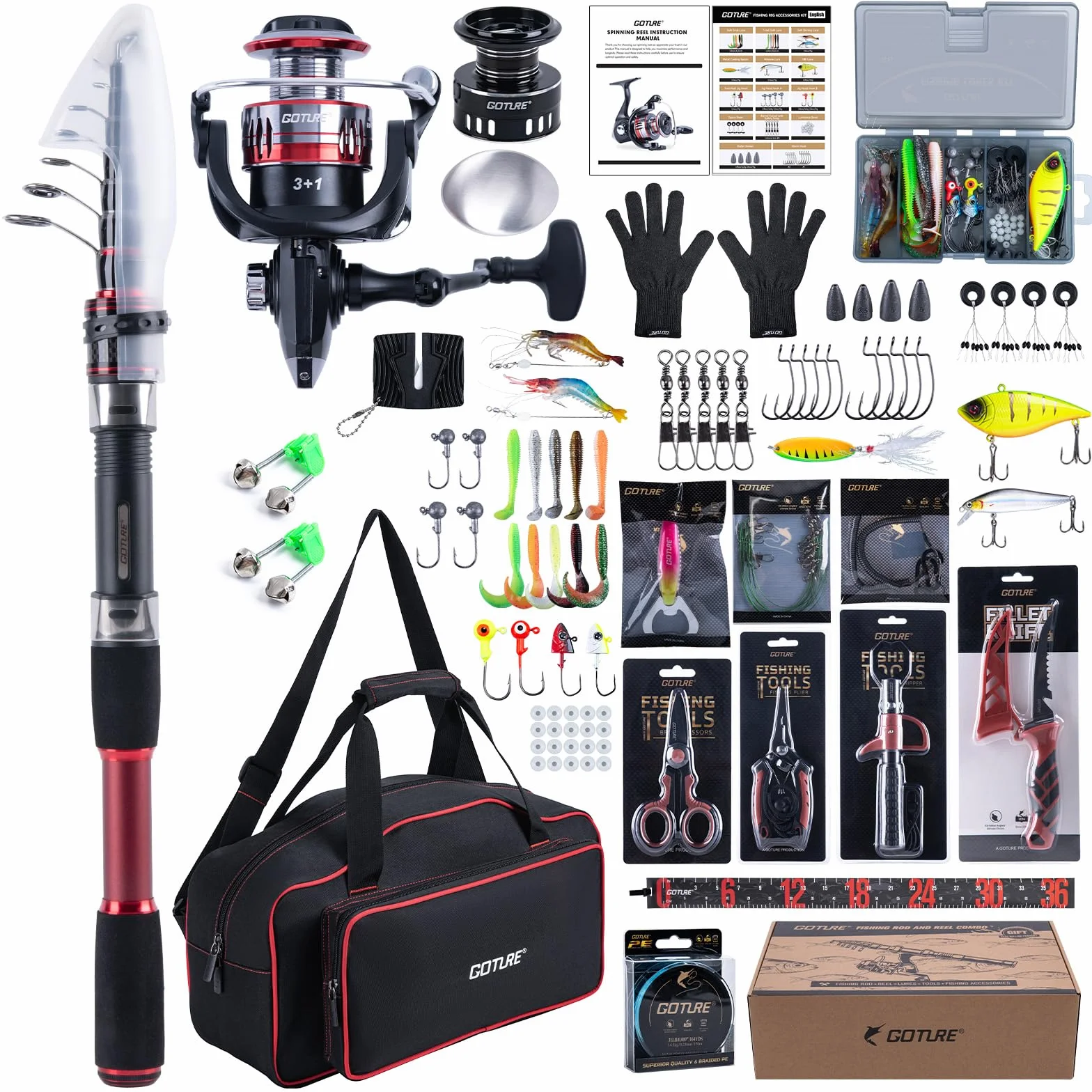 Fishing Rod and Reel Combo, Red Telescopic Fishing Pole with Full Starter Kit & Carrier Bag, Portable 24T Travel Spinning Rod for Bass Trout, Freshwater Beginners Gift