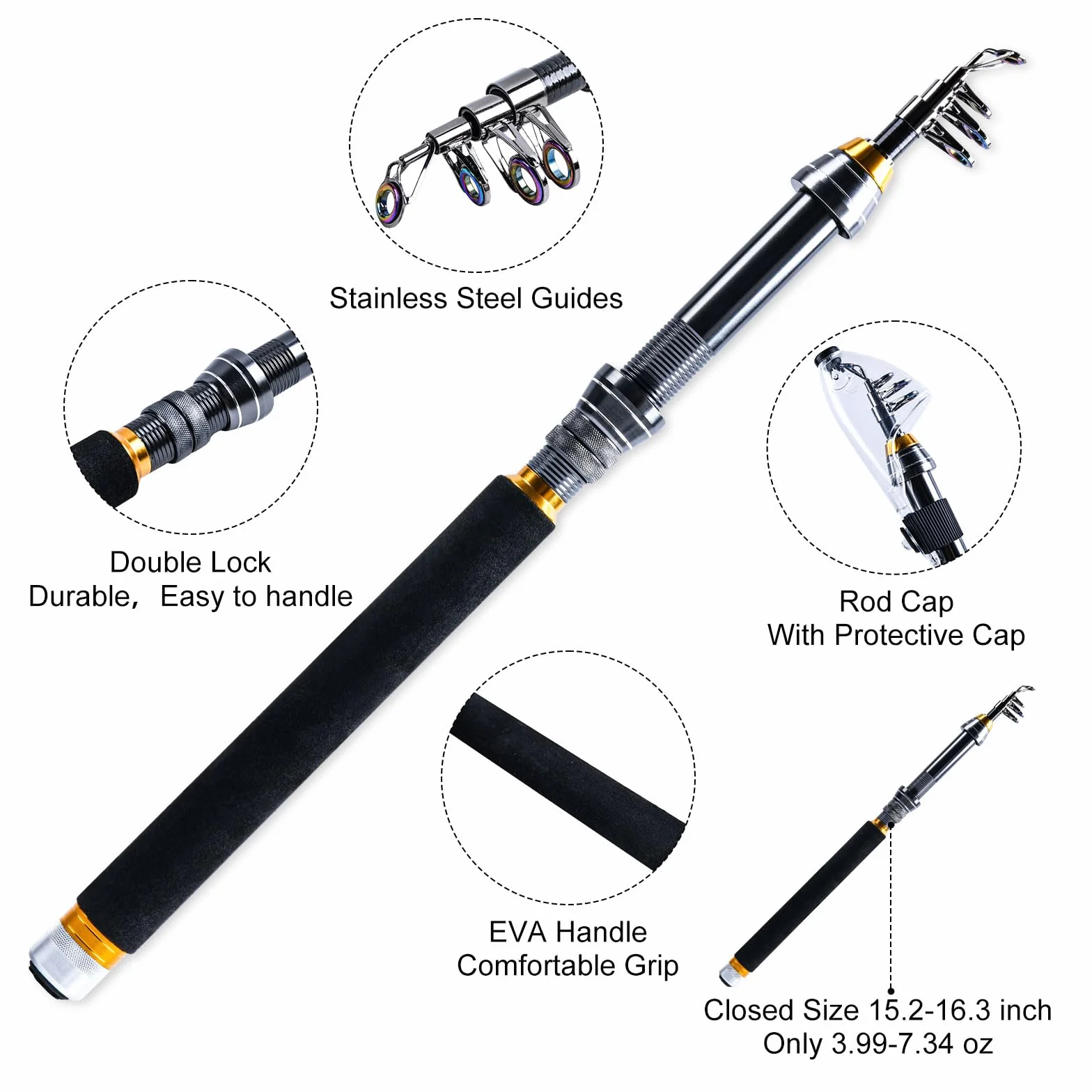 Telescopic Fishing Rod and Reel Combo with Carrier Bag,1.8M-2.7M | Carbon Fiber Pole,5.2:1 Spinning Reel,Line,Pliers,Fish Gripper,Scissors,Lures Set, for Starter Travel Saltwater Freshwater