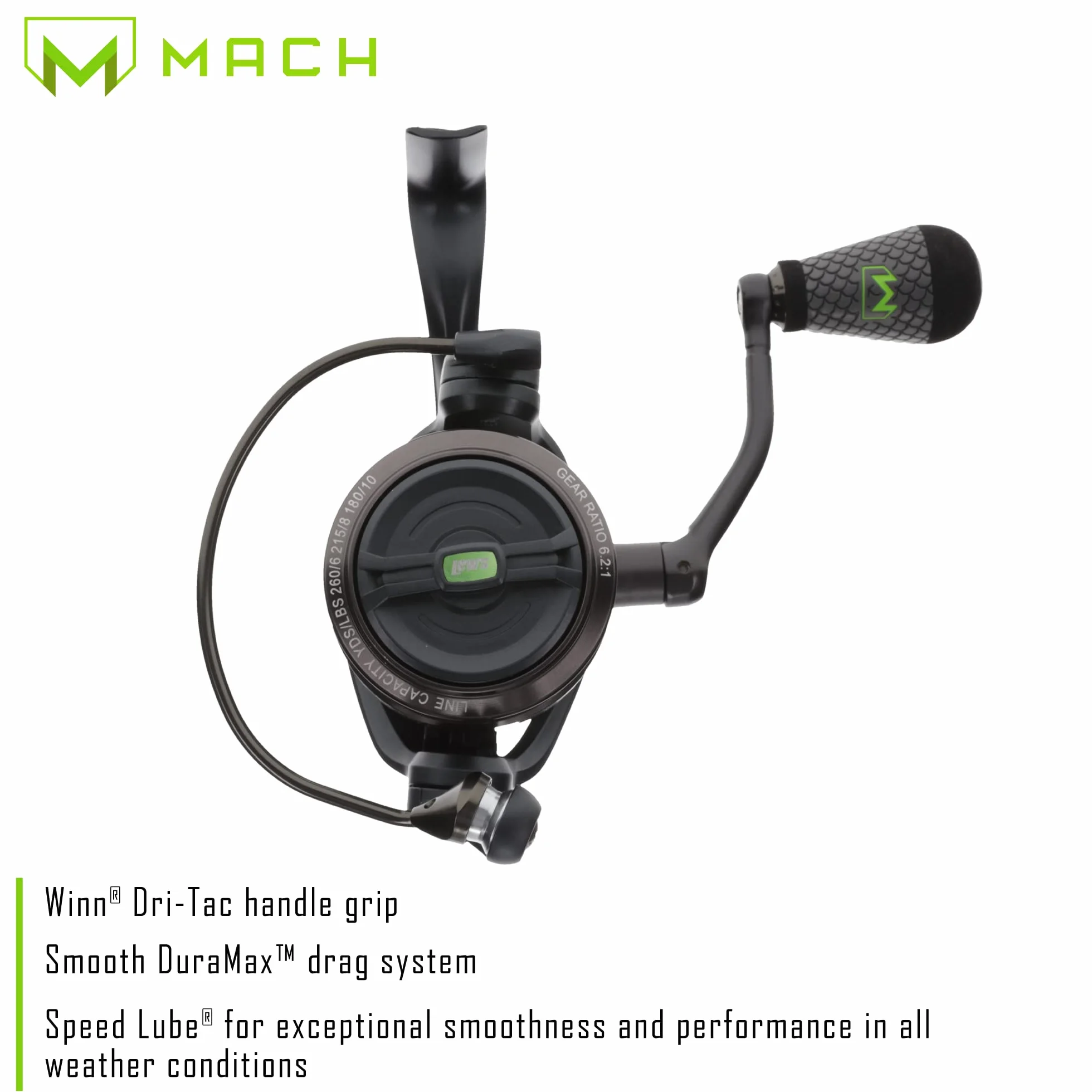MACH 2 Spinning Fishing Reel, 6.2:1 Gear Ratio, Right or Left-Hand Retrieve, Aluminum Frame, Premium 10 Stainless Steel Ball Bearings, Black/Green
