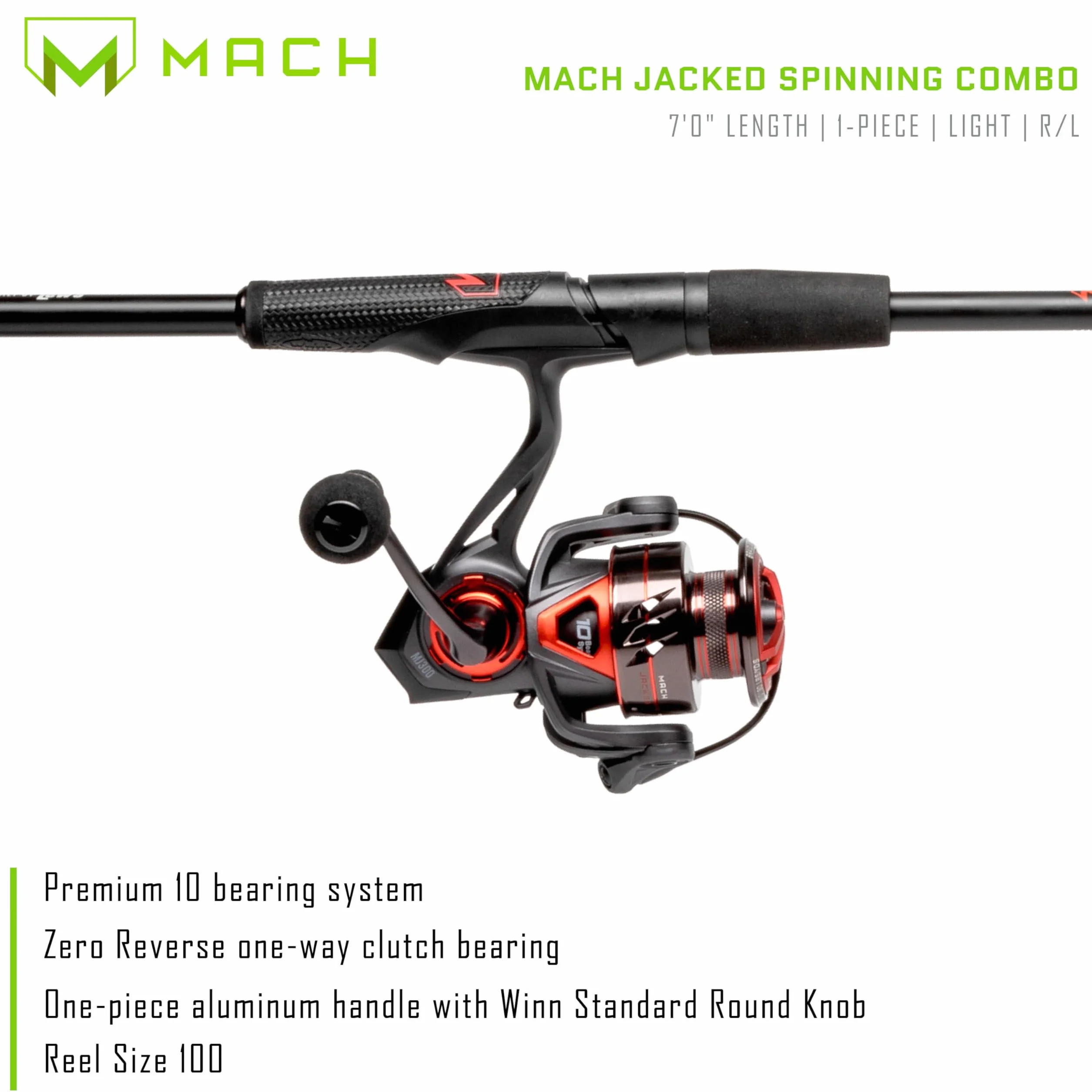 MACH Jacked Spinning Reel and Fishing Rod Combo, 7-Foot, 1-Piece HM50 Graphite Rod, Light Power with Fast Action, Size 100 Reel