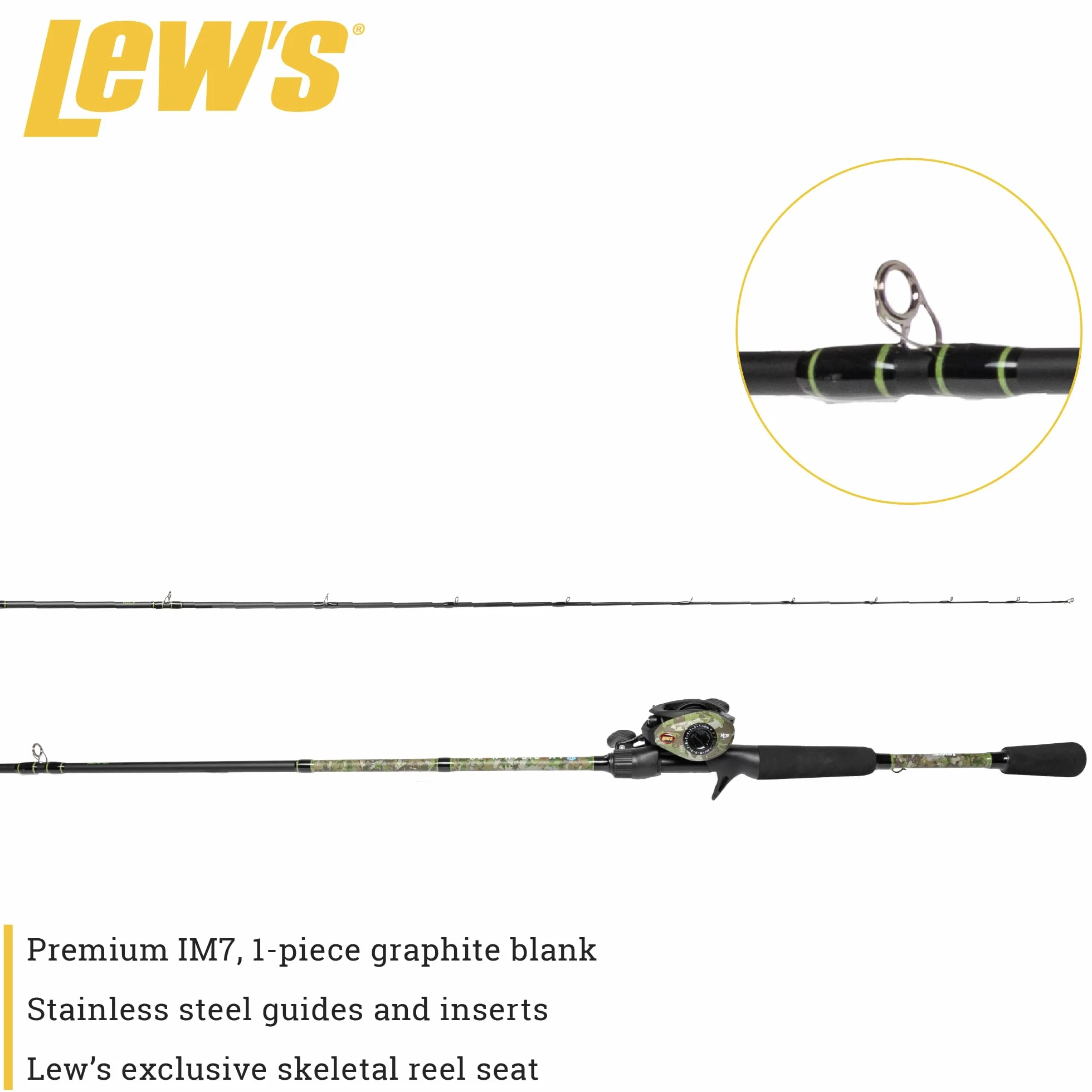 American Hero Camo Baitcast Reel and Fishing Rod Combo, 7-Foot 1-Piece Medium-Heavy Power IM7 Graphite Rod, 7.5:1 Gear Ratio, One-Piece Graphite Frame, Right-Hand Retrieve, Camo/Black