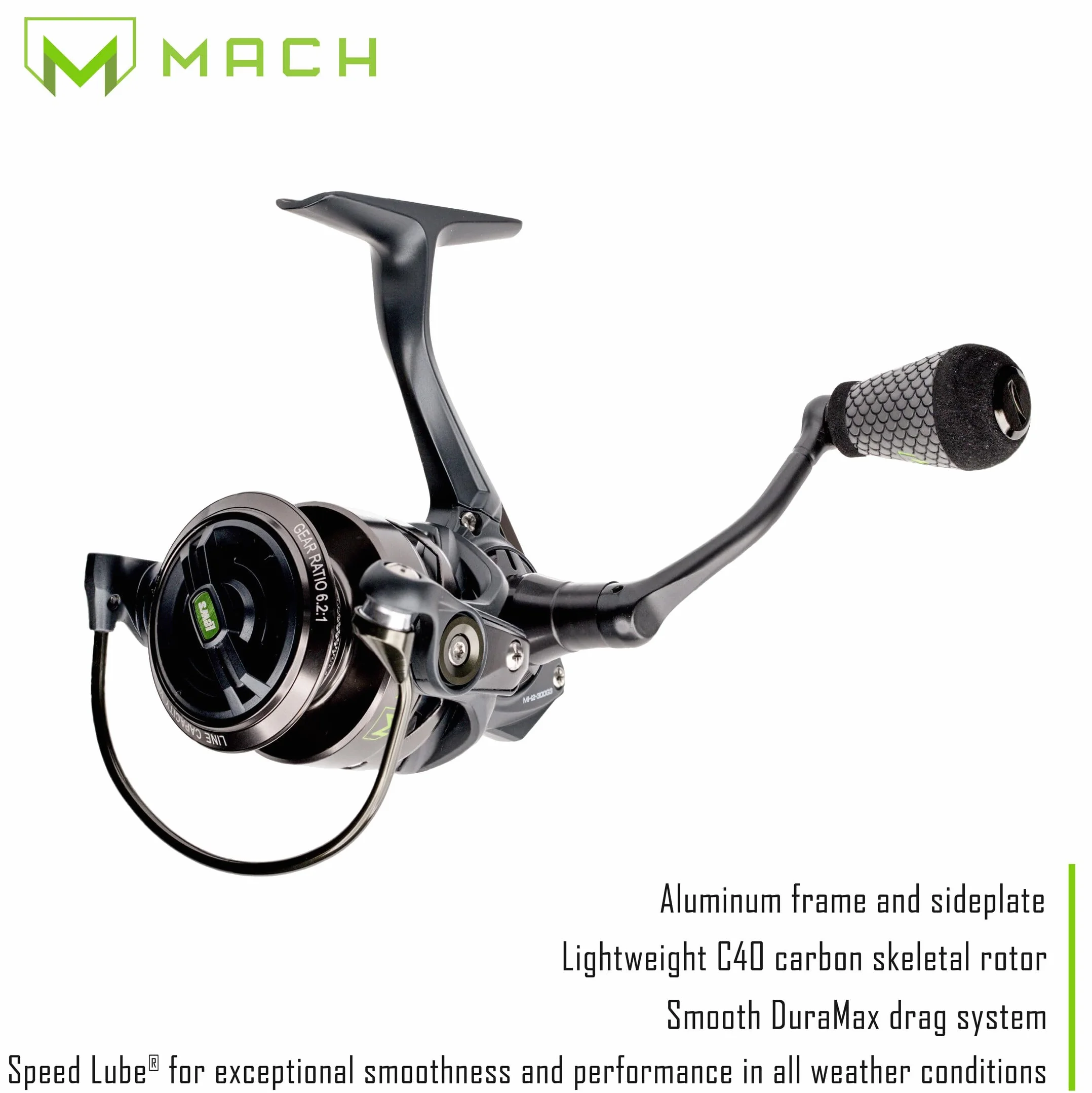 MACH 2 Spinning Reel and Fishing Rod Combo, 7-Foot 2-Piece IM8 Graphite Blank Rod, Size 300 Reel, Right or Left-Hand Retrieve, Black/Green