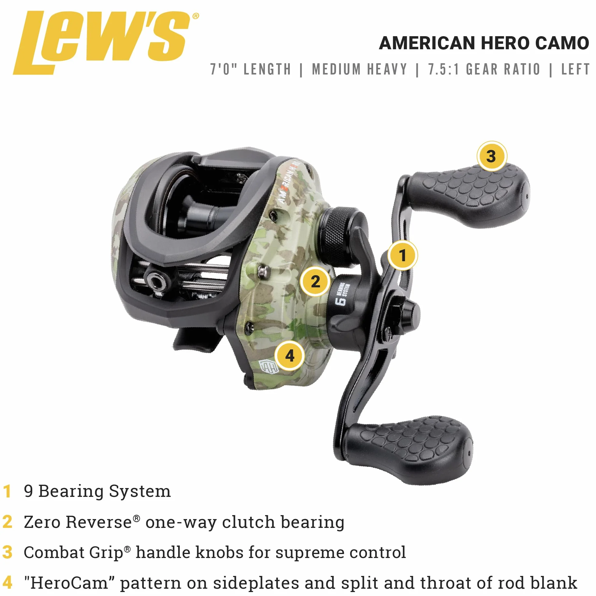 American Hero Camo Baitcast Reel and Fishing Rod Combo, IM7 Graphite Rod, 5+1 Bearings, 7.5:1 Gear Ratio, One-Piece Graphite Frame, Camo/Black