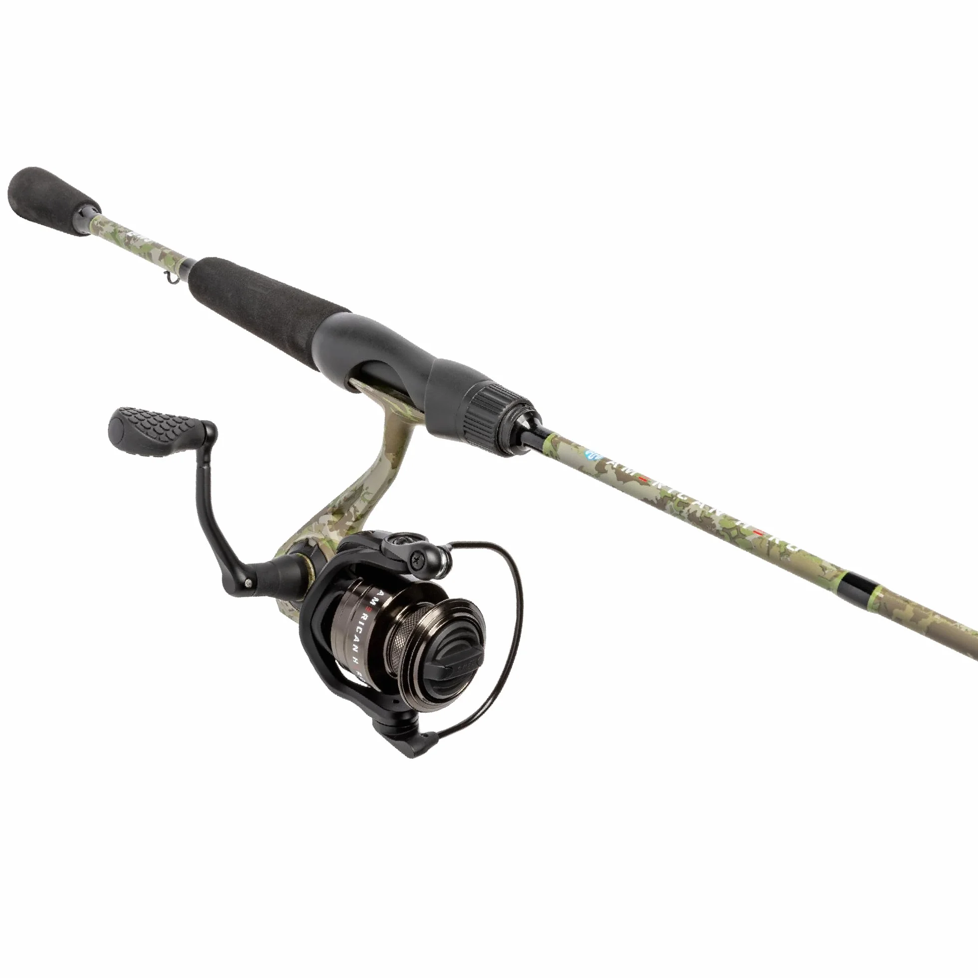 American Hero Camo Spinning Reel and Fishing Rod Combo, IM7 Graphite Rod, Interchangeable Retrieve, Camo/Black