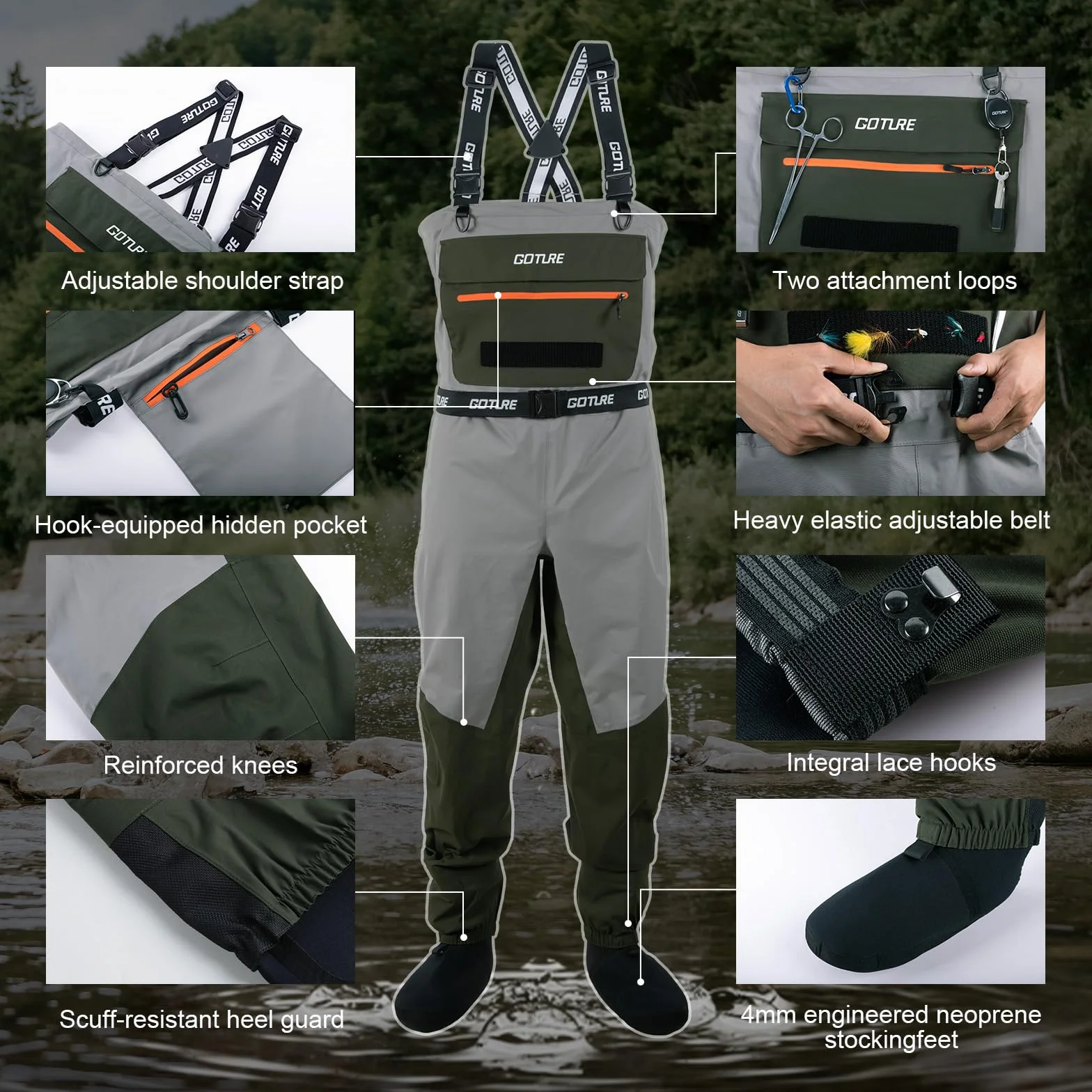 Goture 5-Layer Breathable Stocking Foot Waders & Waist Gear, 5 Sizes | Waterproof Fly Fishing Waders with Handwarmer, Multi-pockets, Waist Belt, Fishing Chest Wader for Men, Ready to Gift