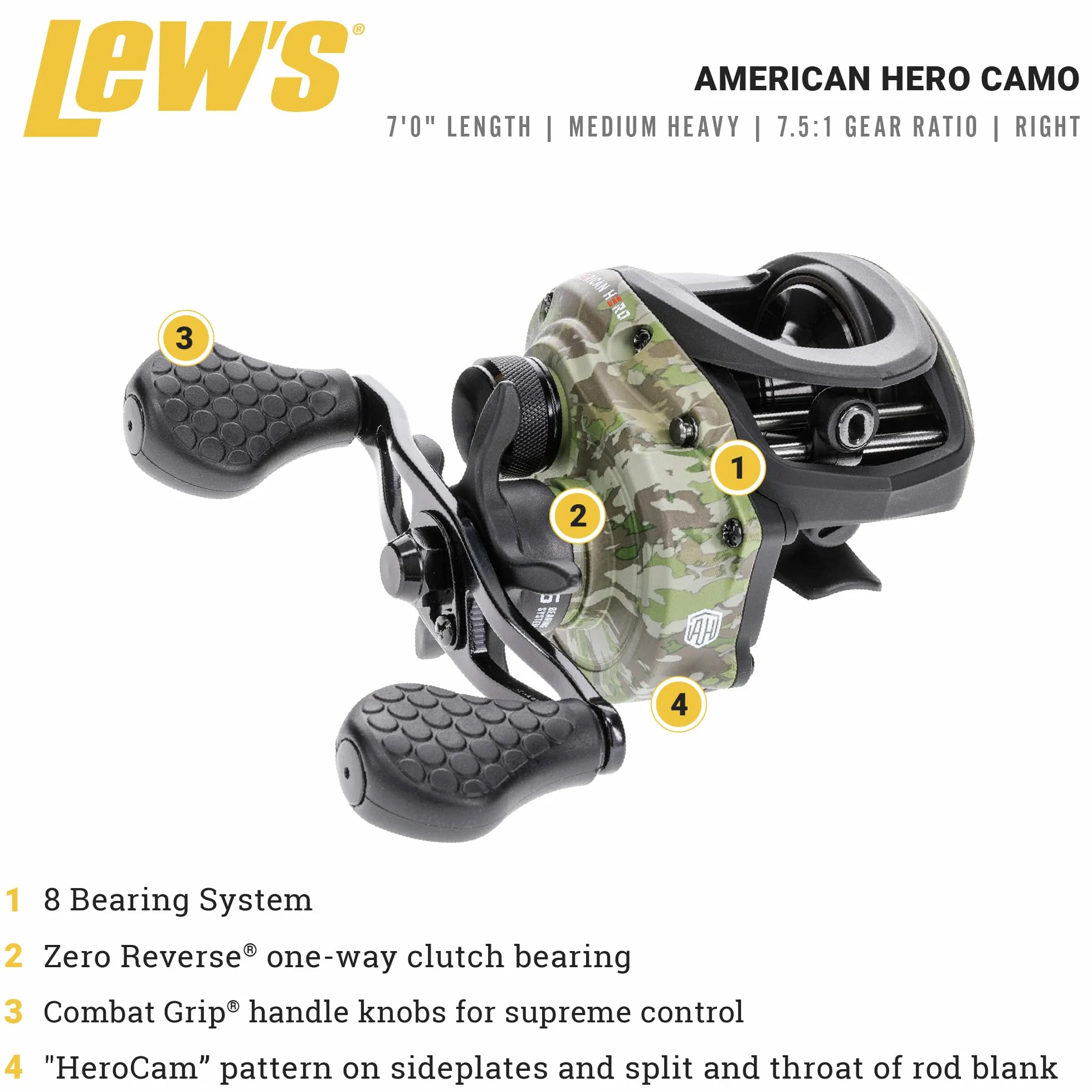 American Hero Camo Baitcast Reel and Fishing Rod Combo, 7-Foot 1-Piece Medium-Heavy Power IM7 Graphite Rod, 7.5:1 Gear Ratio, One-Piece Graphite Frame, Right-Hand Retrieve, Camo/Black