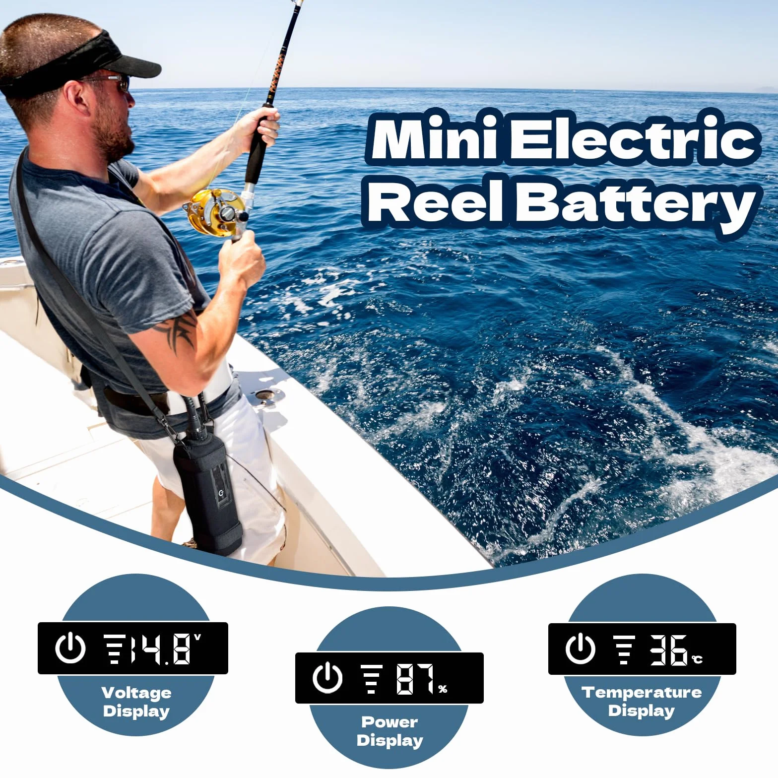 Super Mini Electric Fishing Reel Battery. Latest Model with Digital LED Display. Compatible with Electric reels.