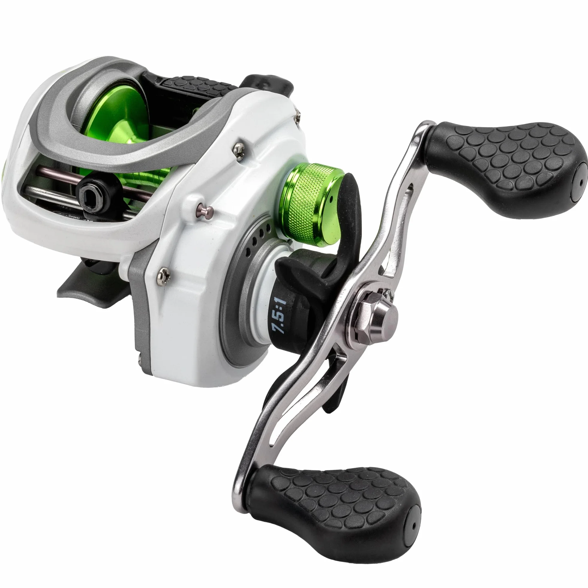 MACH 1 Baitcast Fishing Reel, 7+1 Bearings, 7.5:1 Gear Ratio, Graphite Frame and Sideplate, Multi-Setting Brake, Speed Gears, White/Gray/Green