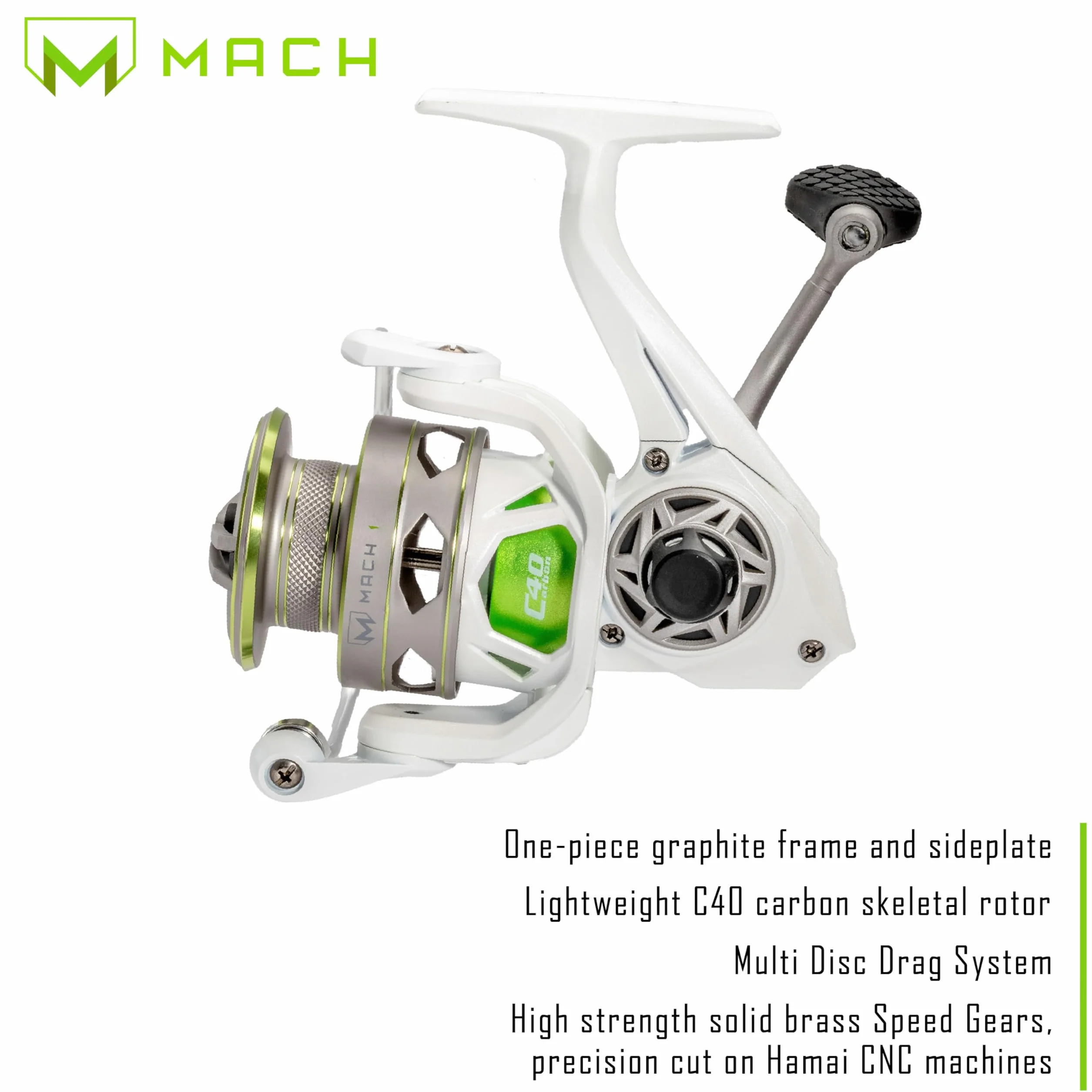 MACH 1 Spinning Fishing Reel, 9+1 Bearings, Graphite Frame, Speed Gears, Speed Lube, Multi-Disc Drag, Metallic White/Gray/Green