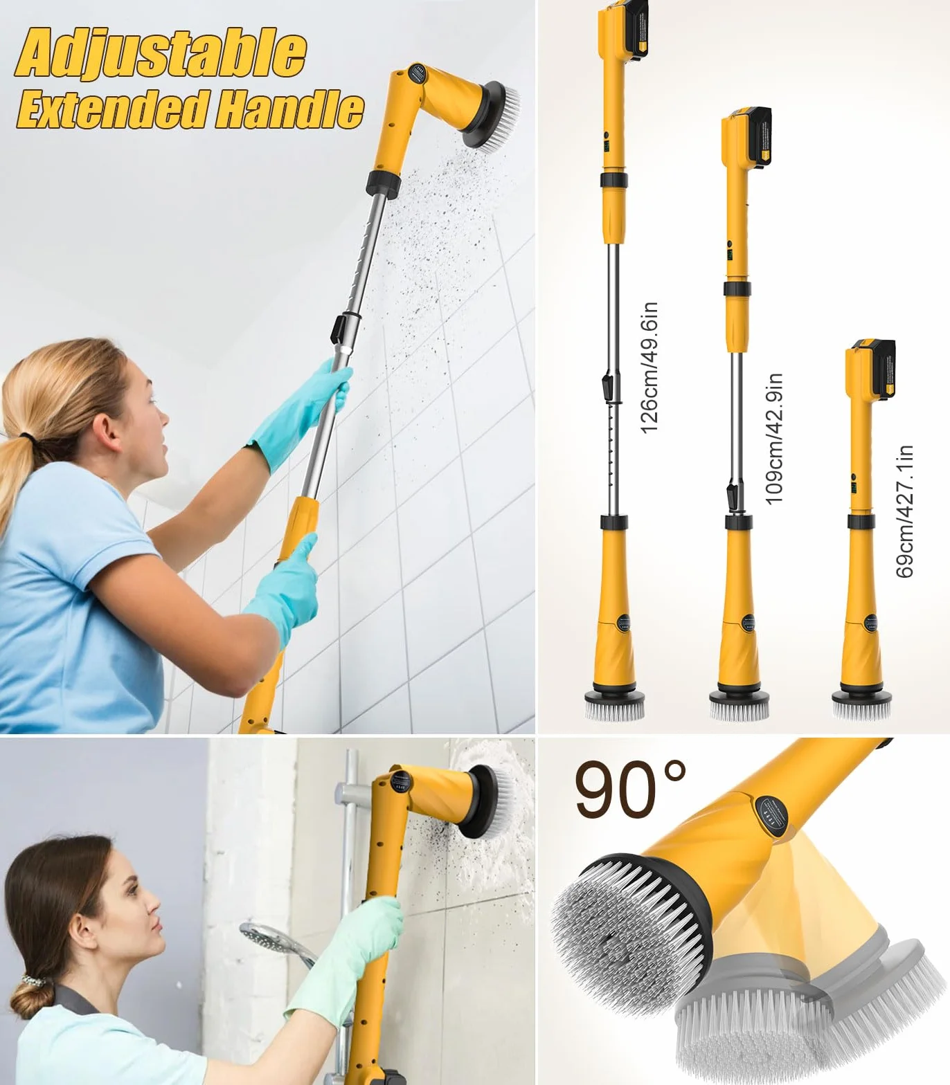 Electric Spin Scrubber Q3, 6000mAh, Extra-Large Brush Head, 1200RPM | Floor Scrubber Machine with Long Handle, Cordless Cleaning Brush, 8 Brush Heads and Smart Display for Showers, Tubs and Tile