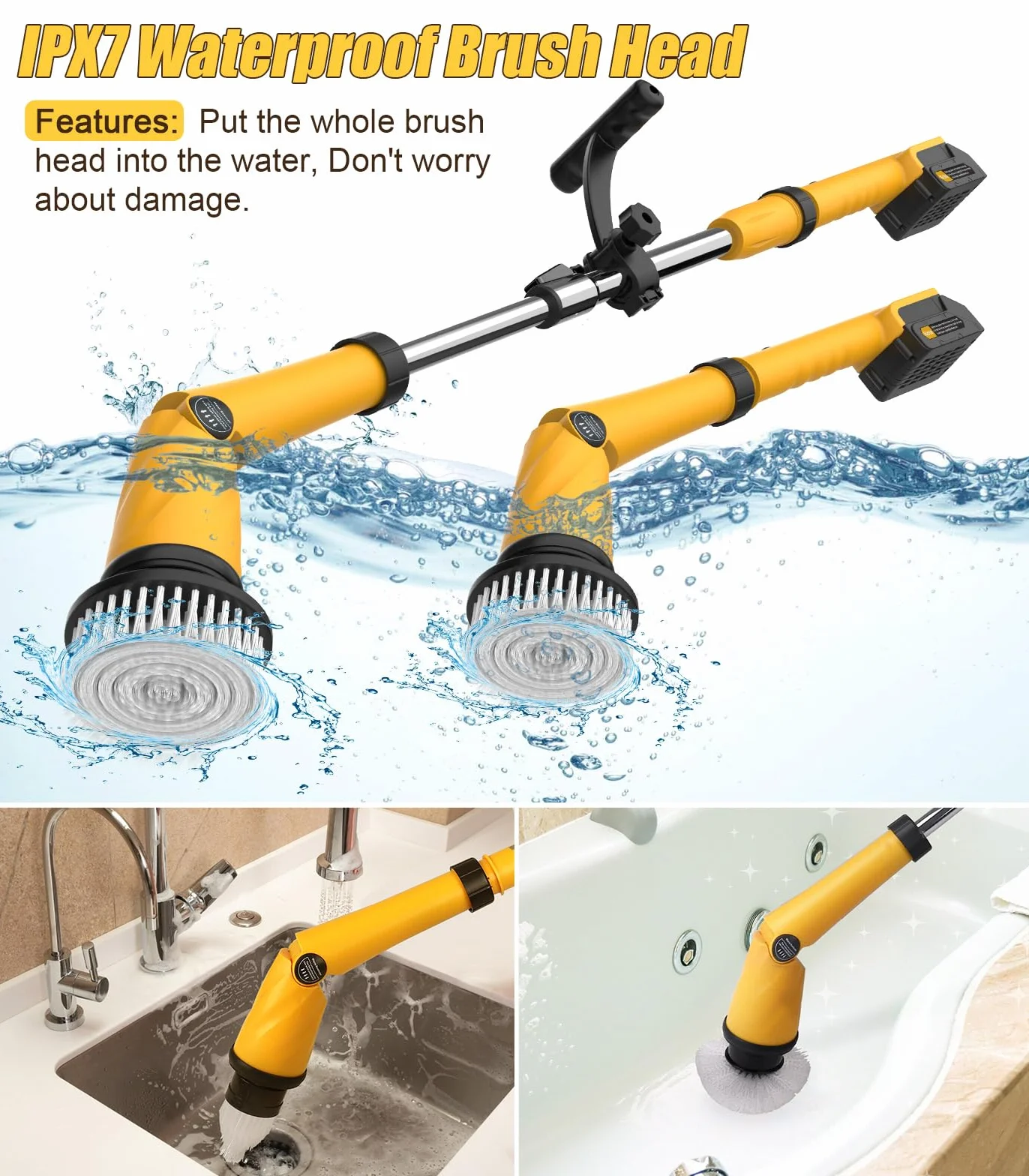 Electric Spin Scrubber Q3, 6000mAh, Extra-Large Brush Head, 1200RPM | Floor Scrubber Machine with Long Handle, Cordless Cleaning Brush, 8 Brush Heads and Smart Display for Showers, Tubs and Tile