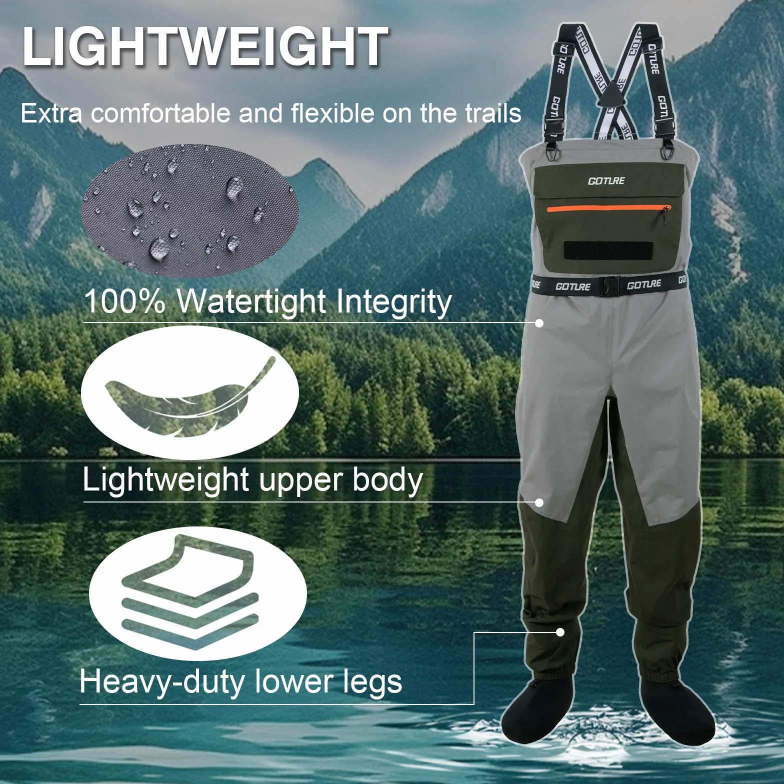 Goture 5-Layer Breathable Stocking Foot Waders & Waist Gear, 5 Sizes | Waterproof Fly Fishing Waders with Handwarmer, Multi-pockets, Waist Belt, Fishing Chest Wader for Men, Ready to Gift