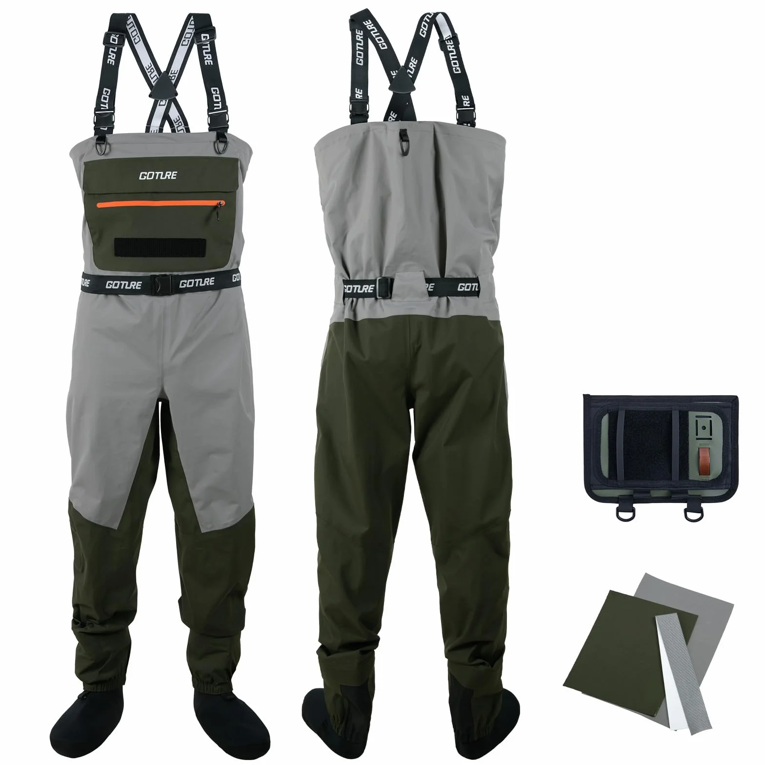 Goture 5-Layer Breathable Stocking Foot Waders & Waist Gear, 5 Sizes | Waterproof Fly Fishing Waders with Handwarmer, Multi-pockets, Waist Belt, Fishing Chest Wader for Men, Ready to Gift