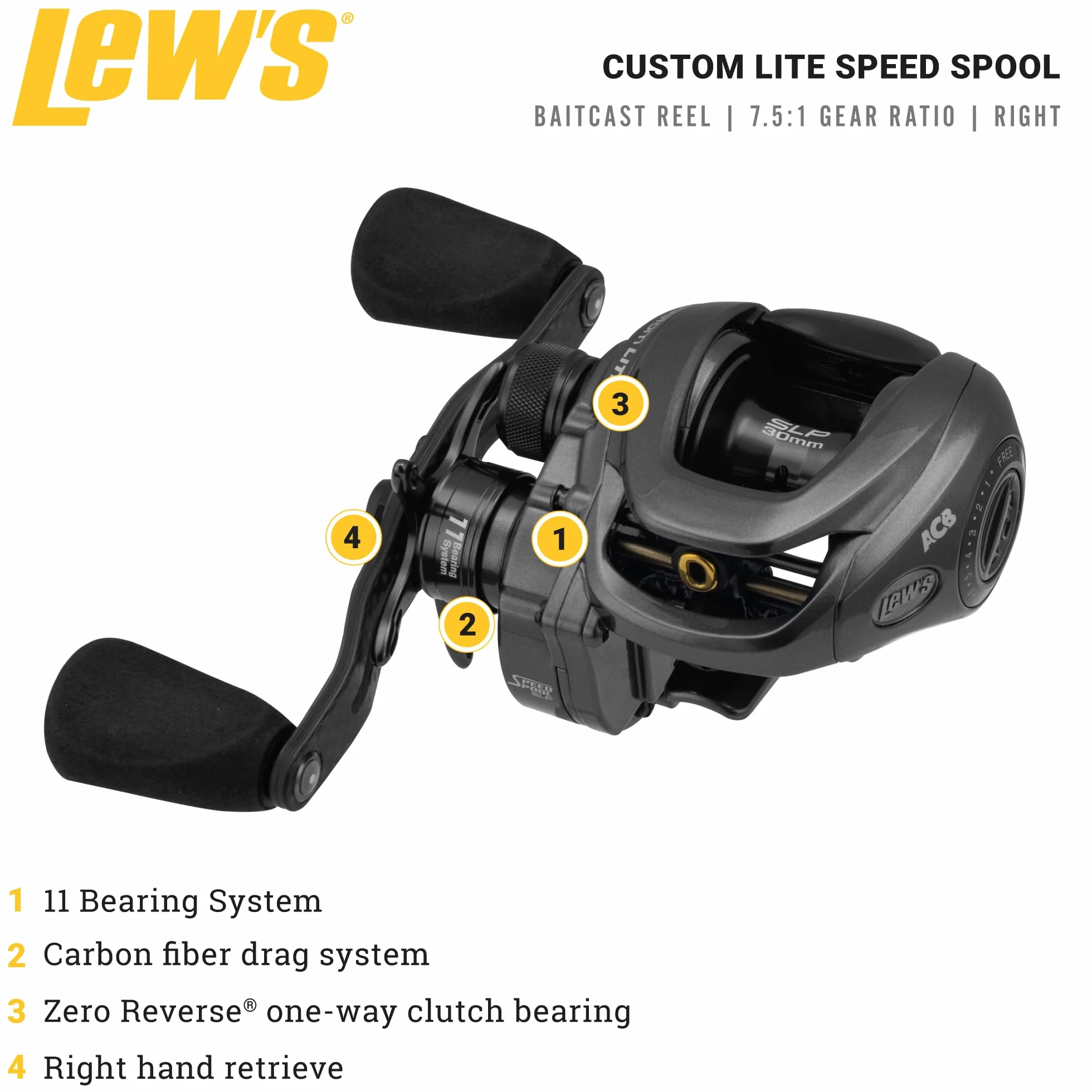Custom Lite SS Baitcast Fishing Reel, 10+1 Double Shielded Bearings, Super Shallow 30 mm Spool, Tanso Tech Frame, Carbon Fiber Drag, Carbon Gray