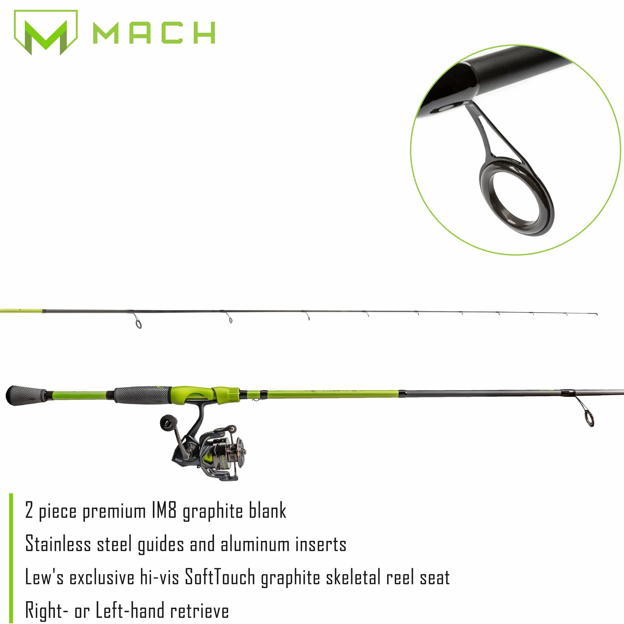 MACH 2 Spinning Reel and Fishing Rod Combo, 7-Foot 2-Piece IM8 Graphite Blank Rod, Size 300 Reel, Right or Left-Hand Retrieve, Black/Green
