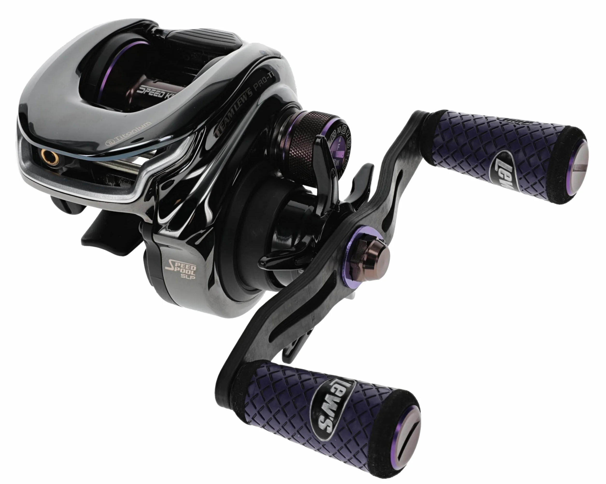 Team Pro-Ti Baitcast Reel, 10+1 Stainless Steel Ball Bearings, 7.5:1 Gear Ratio, Left-Hand Retrieve, Titanium Gray/Purple