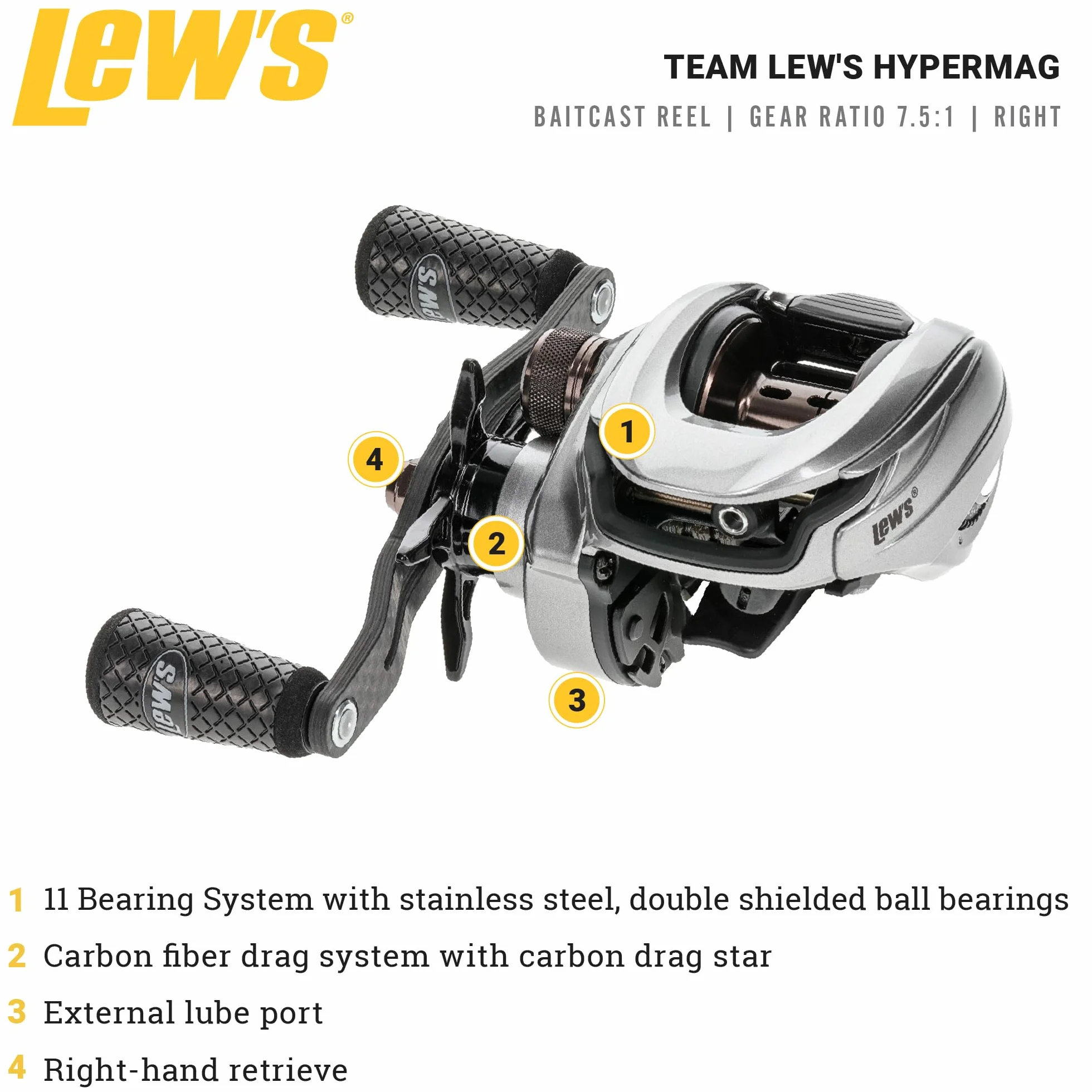 Team HyperMag Baitcast Fishing Reel, 10+1 Double Shielded Bearings, 7.5:1 Gear Ratio, One-Piece Magnesium Frame, Carbon Fiber Drag, Right-Hand Retrieve, Silver