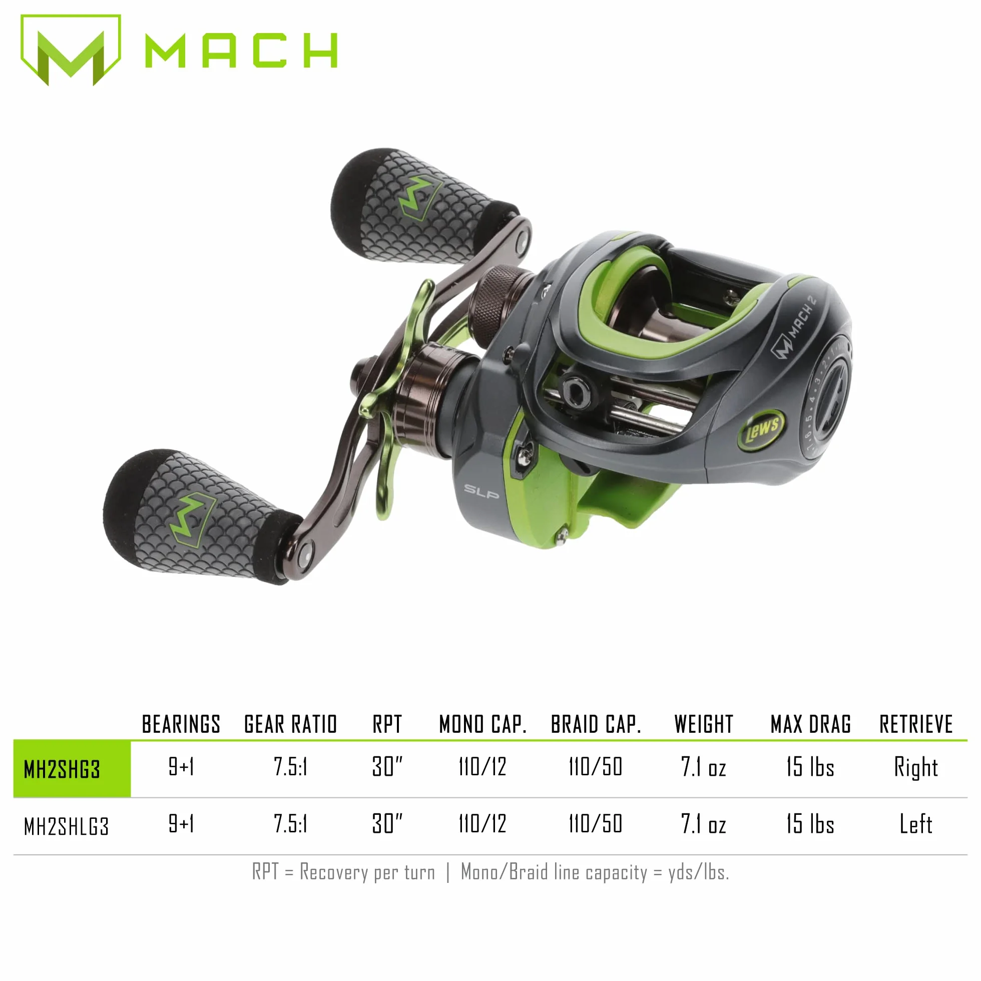 MACH 2 Baitcast Fishing Reel, 7.5:1 Gear Ratio, Graphite Frame, Premium 10 Bearing System, Black/Green
