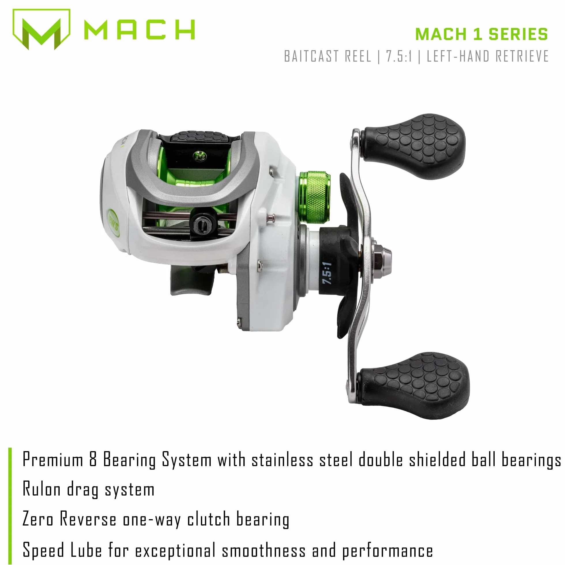 MACH 1 Baitcast Fishing Reel, 7+1 Bearings, 7.5:1 Gear Ratio, Graphite Frame and Sideplate, Multi-Setting Brake, Speed Gears, White/Gray/Green