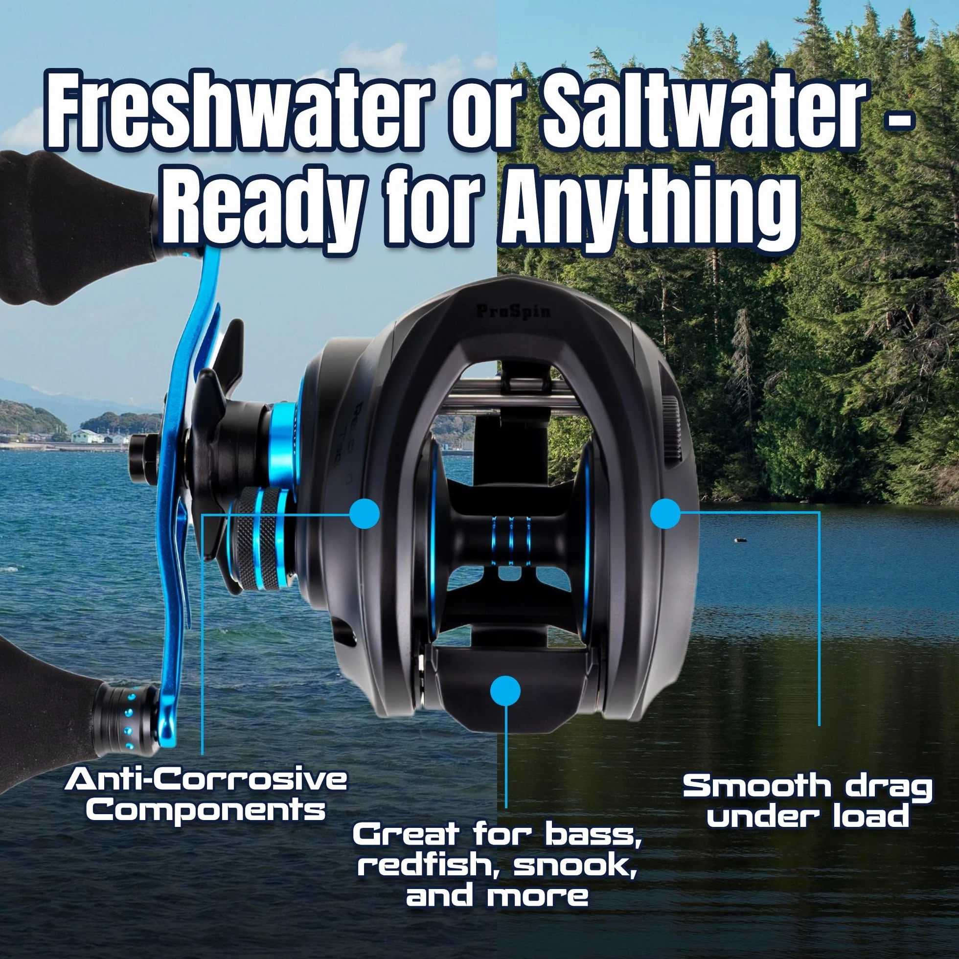 ProSpin Baitcasting Reel, 6.8:1 Baitcaster with 11+1 Bearings, Aluminum Frame, Dual Brake System and Smooth Drag for Freshwater and Saltwater