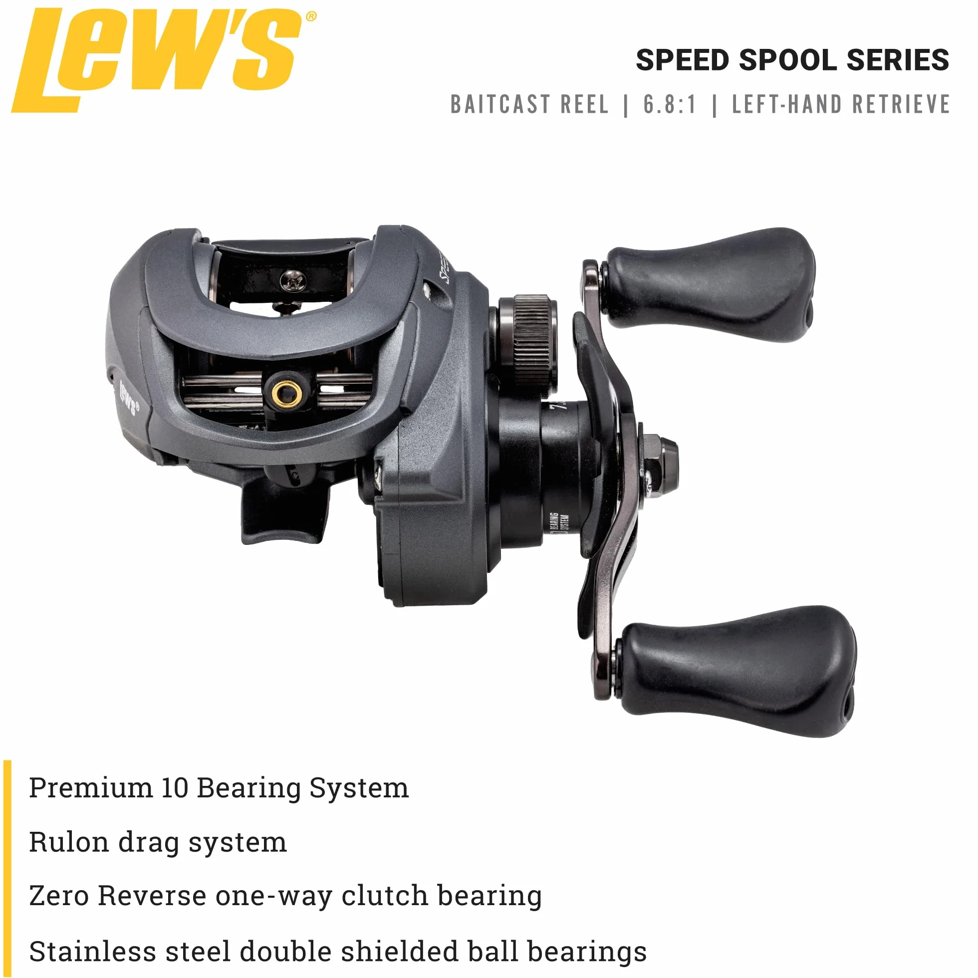 Speed Spool Baitcast Fishing Reel, 9+1 Bearings, 6.8:1 Gear Ratio, Aluminum Frame, Graphite Sideplate, MCS Braking System, Left-Hand Retrieve