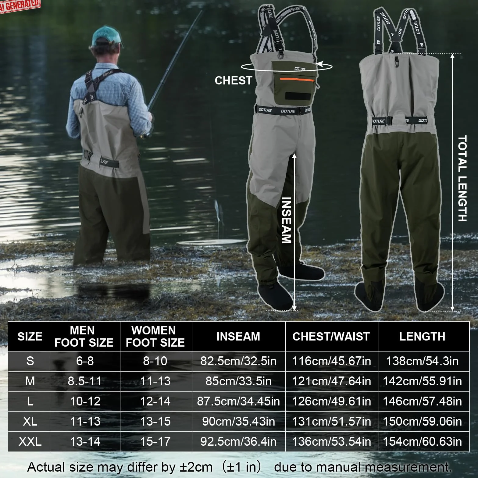 Goture 5-Layer Breathable Stocking Foot Waders & Waist Gear, 5 Sizes | Waterproof Fly Fishing Waders with Handwarmer, Multi-pockets, Waist Belt, Fishing Chest Wader for Men, Ready to Gift