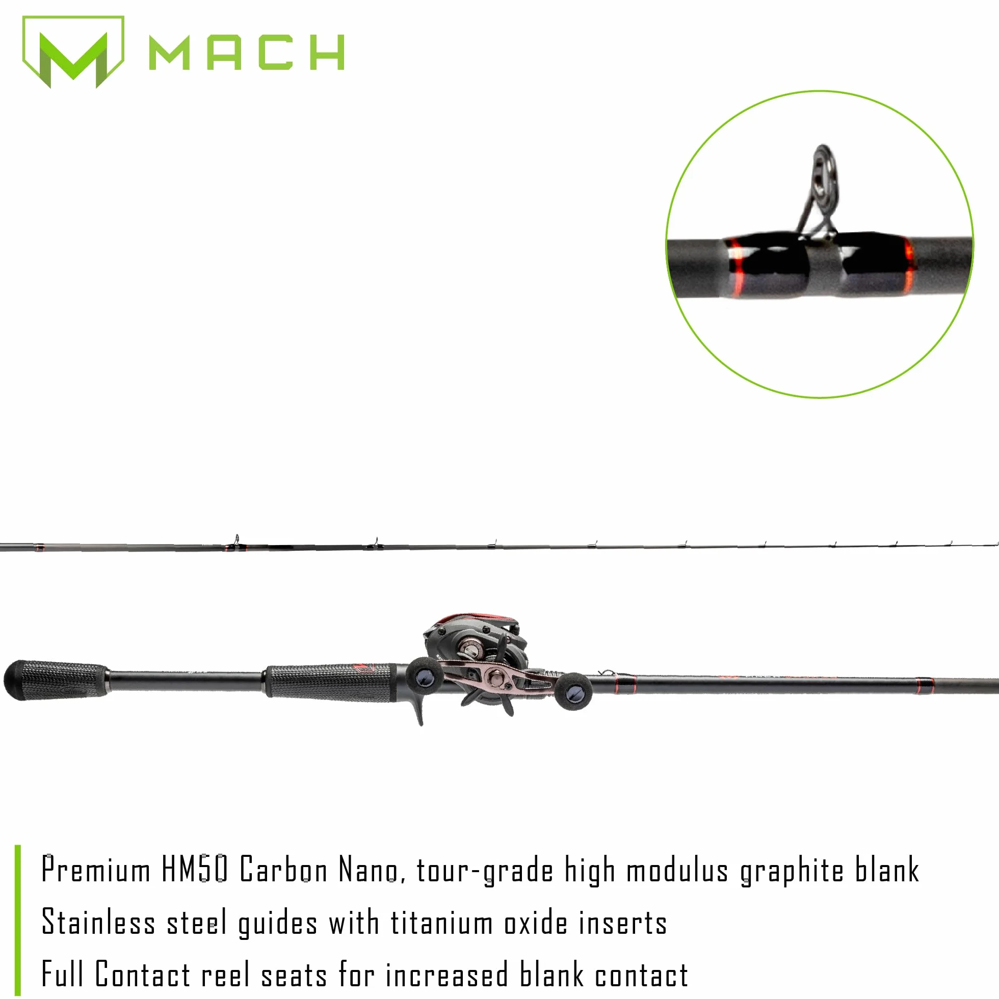 MACH Jacked Baitcast Reel and Fishing Rod Combo, HM50 Graphite Rod, Carbon Fiber Drag System, 7.5:1 Gear Ratio