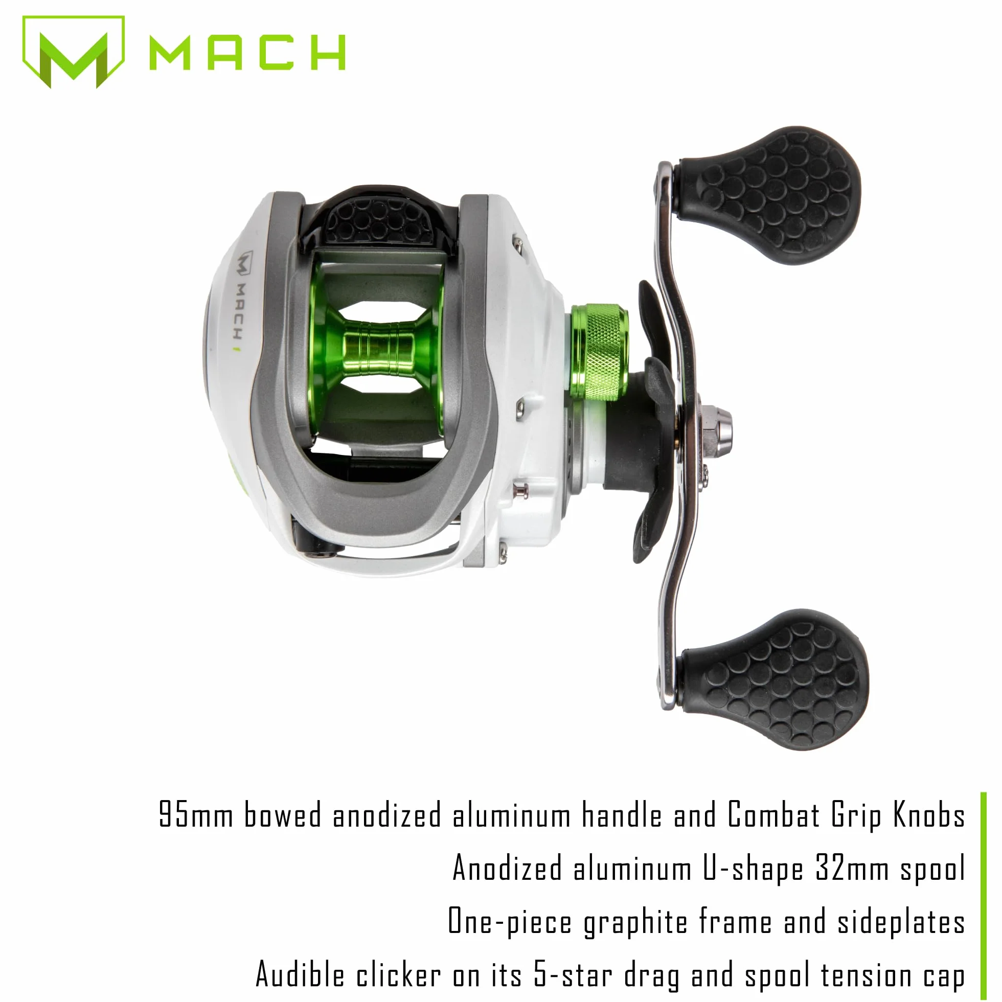 MACH 1 Baitcast Fishing Reel, 7+1 Bearings, 7.5:1 Gear Ratio, Graphite Frame and Sideplate, Multi-Setting Brake, Speed Gears, White/Gray/Green