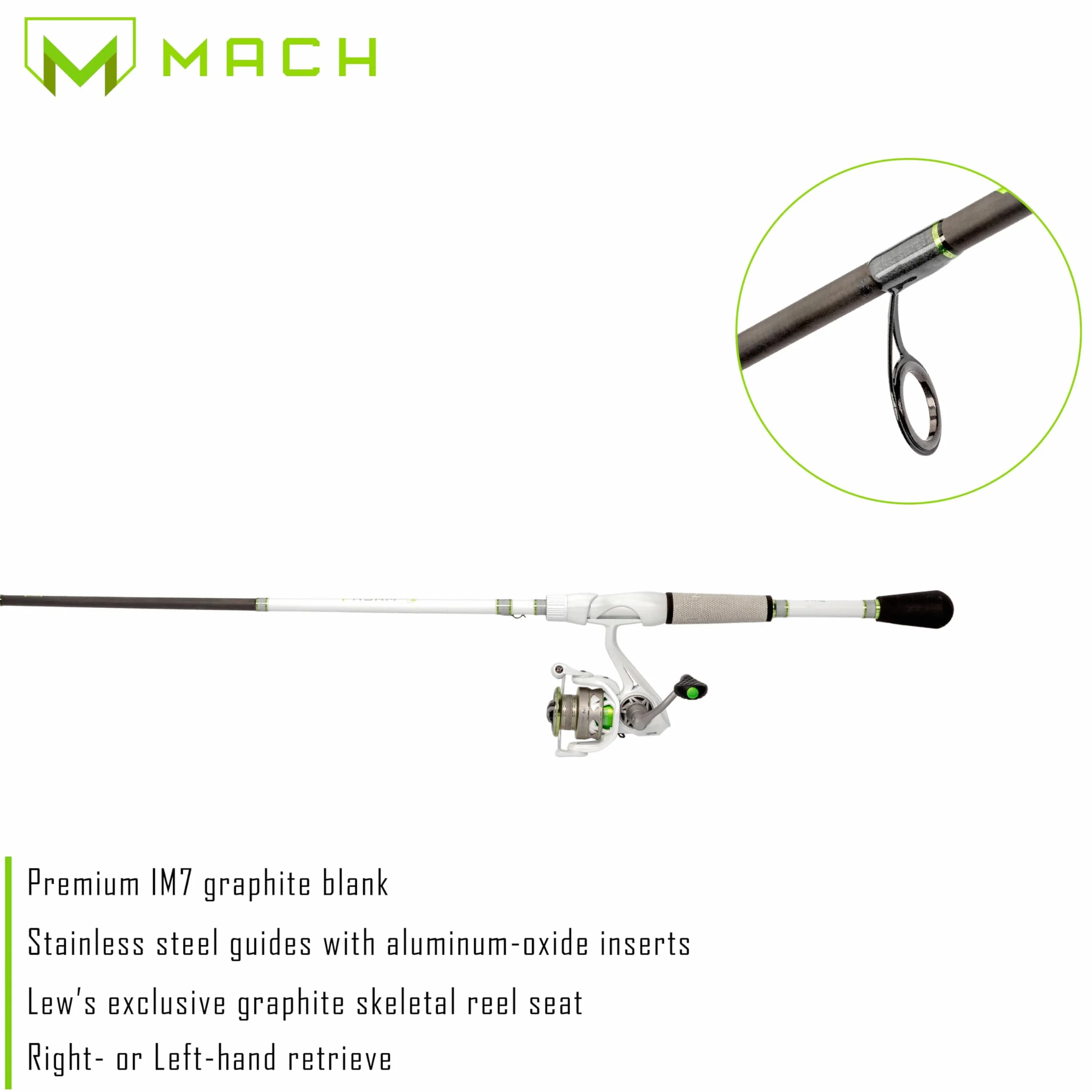 MACH 1 Spinning Fishing Reel, 9+1 Bearings, Graphite Frame, Speed Gears, Speed Lube, Multi-Disc Drag, Metallic White/Gray/Green