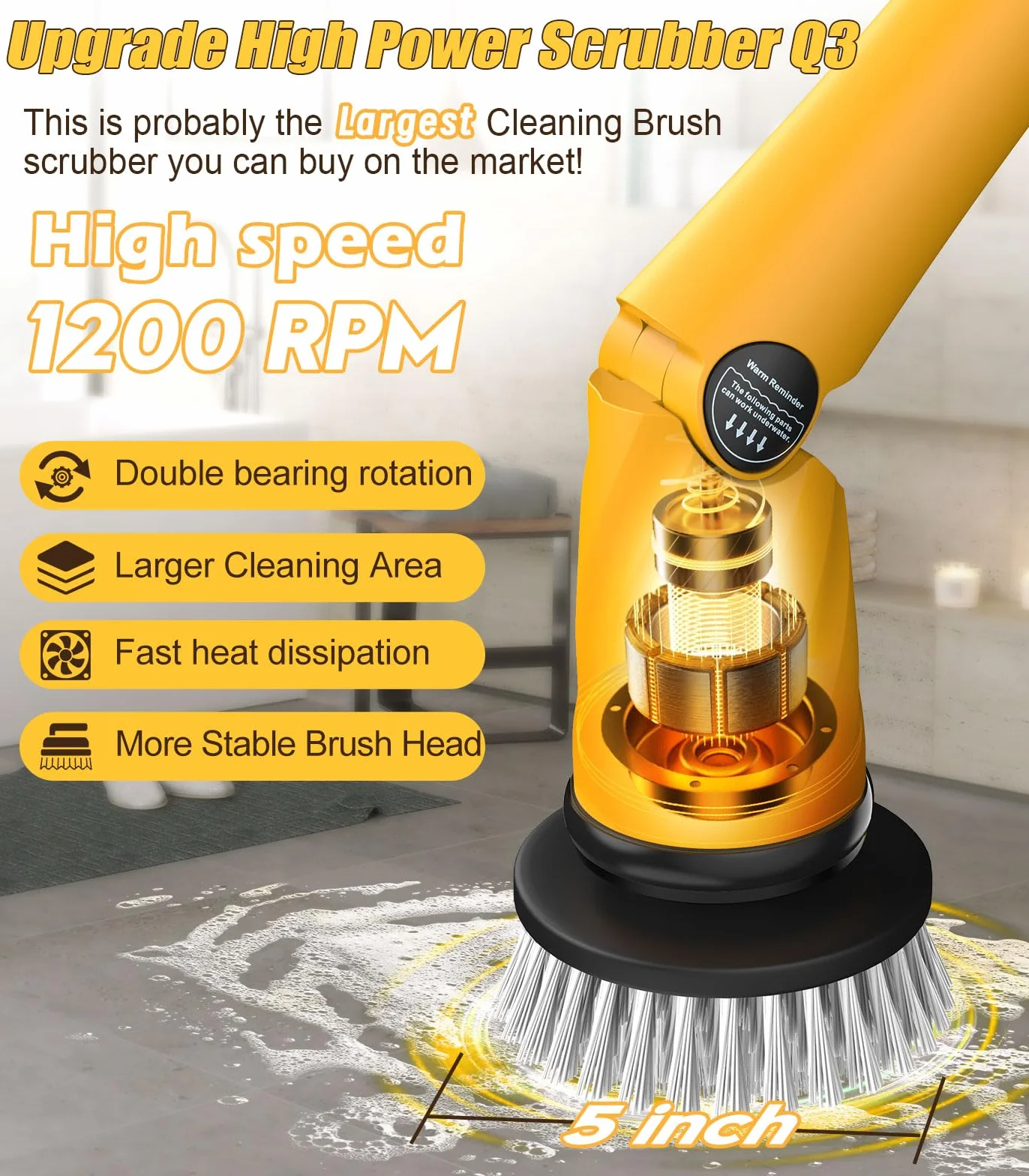 Electric Spin Scrubber Q3, 6000mAh, Extra-Large Brush Head, 1200RPM | Floor Scrubber Machine with Long Handle, Cordless Cleaning Brush, 8 Brush Heads and Smart Display for Showers, Tubs and Tile