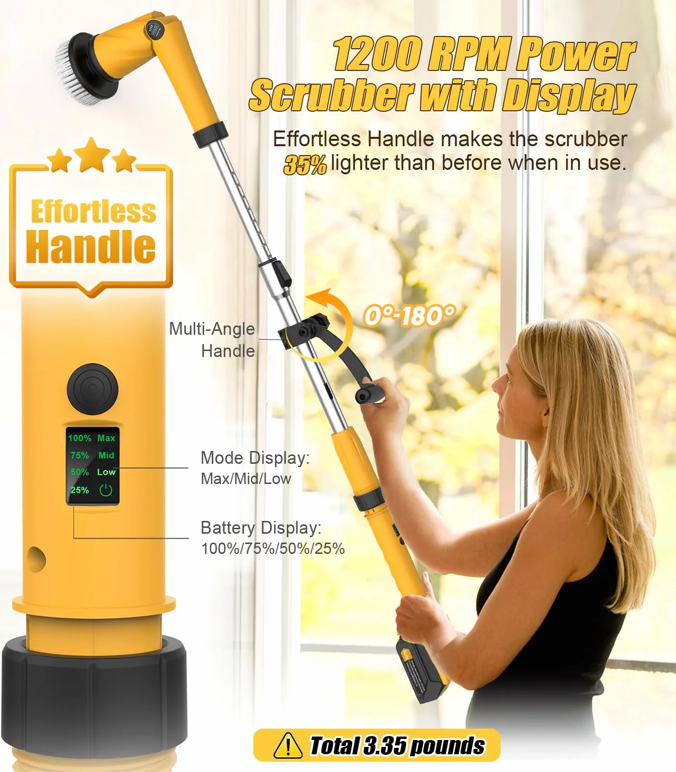 Electric Spin Scrubber Q3, 6000mAh, Extra-Large Brush Head, 1200RPM | Floor Scrubber Machine with Long Handle, Cordless Cleaning Brush, 8 Brush Heads and Smart Display for Showers, Tubs and Tile