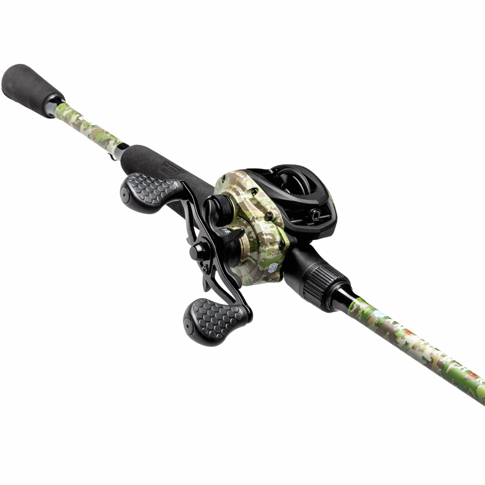 American Hero Camo Baitcast Reel and Fishing Rod Combo, 7-Foot 1-Piece Medium-Heavy Power IM7 Graphite Rod, 7.5:1 Gear Ratio, One-Piece Graphite Frame, Right-Hand Retrieve, Camo/Black